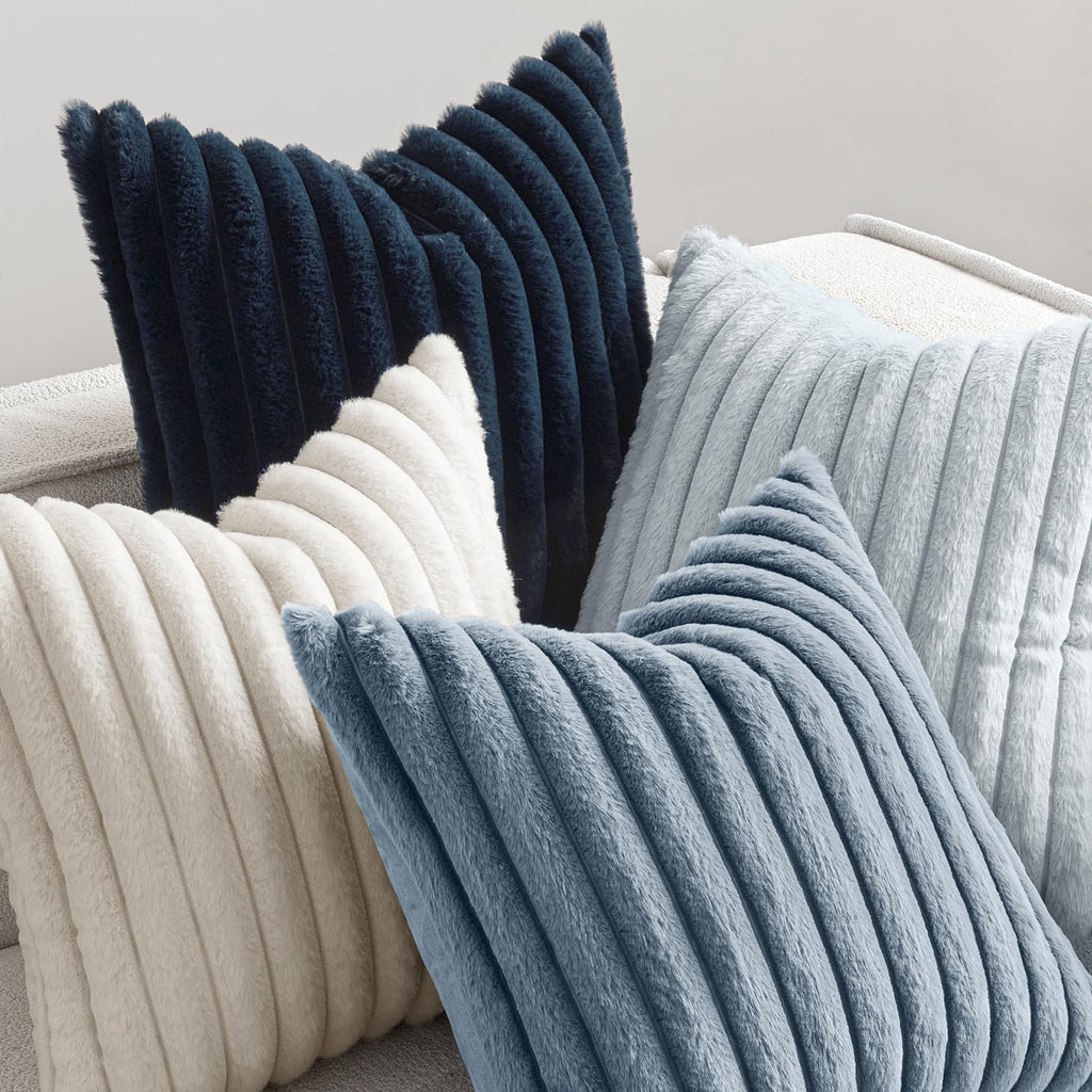 MIULEE Faux Fur Plush Decorative Throw Pillow Covers 18x18 Set of 4, Summer Modern Soft Fuzzy Coastal Striped Cushion Covers for Sofa Couch Bed Living Room Cozy Home Decor,Navy Blue