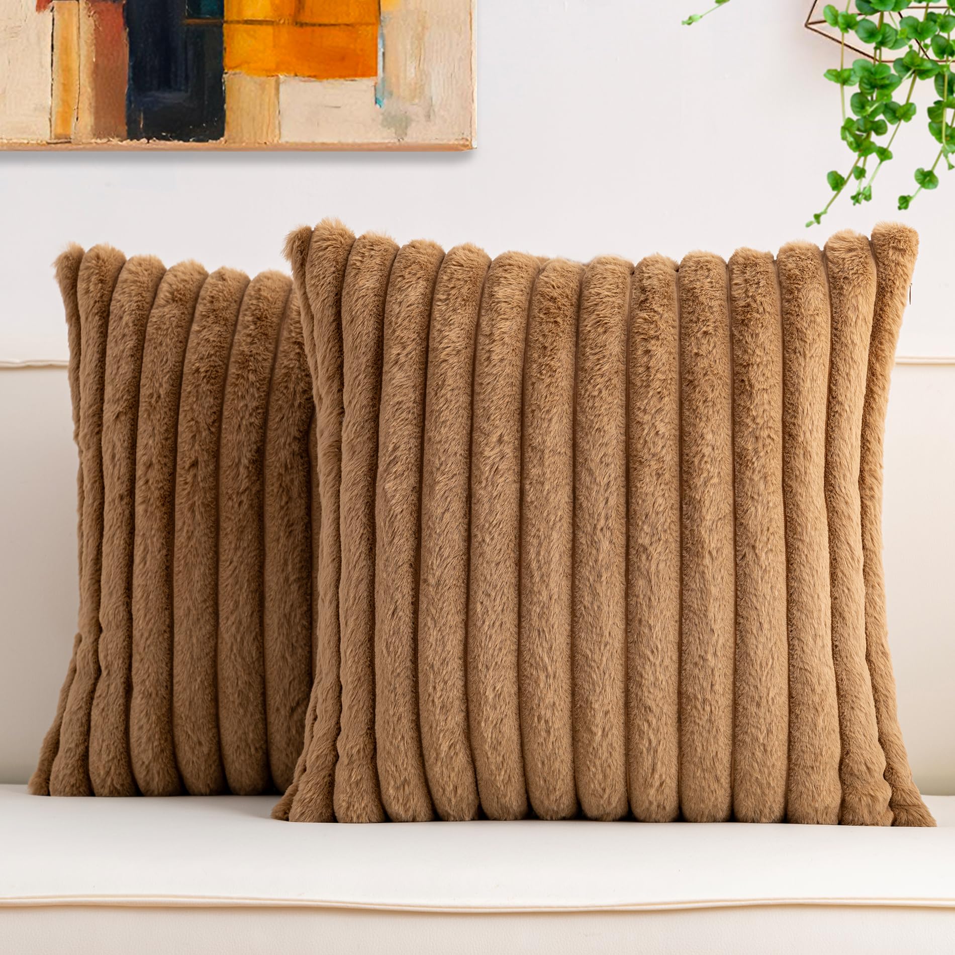 Aegero Pack of 2 Faux Fur Christmas Throw Pillow Covers 18x18 Inch, Soft Plush Striped Neutral Couch Pillow Cover, with Velvet Back Modern Home Decor for Sofa Living Room Couch Bed Cream White