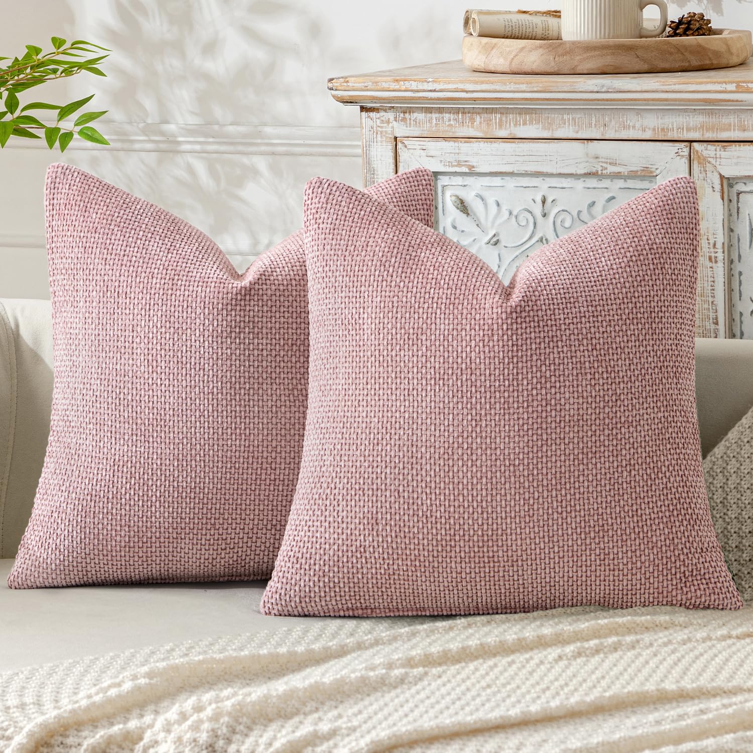 MIULEE Pack of 2 Couch Throw Pillow Covers 18x18 Inch Neutral Beige Modern Boho Accent Decorative Pillow Covers Soft Chenille Farmhouse Cushion Covers for Home Decor Bed Sofa Living Room