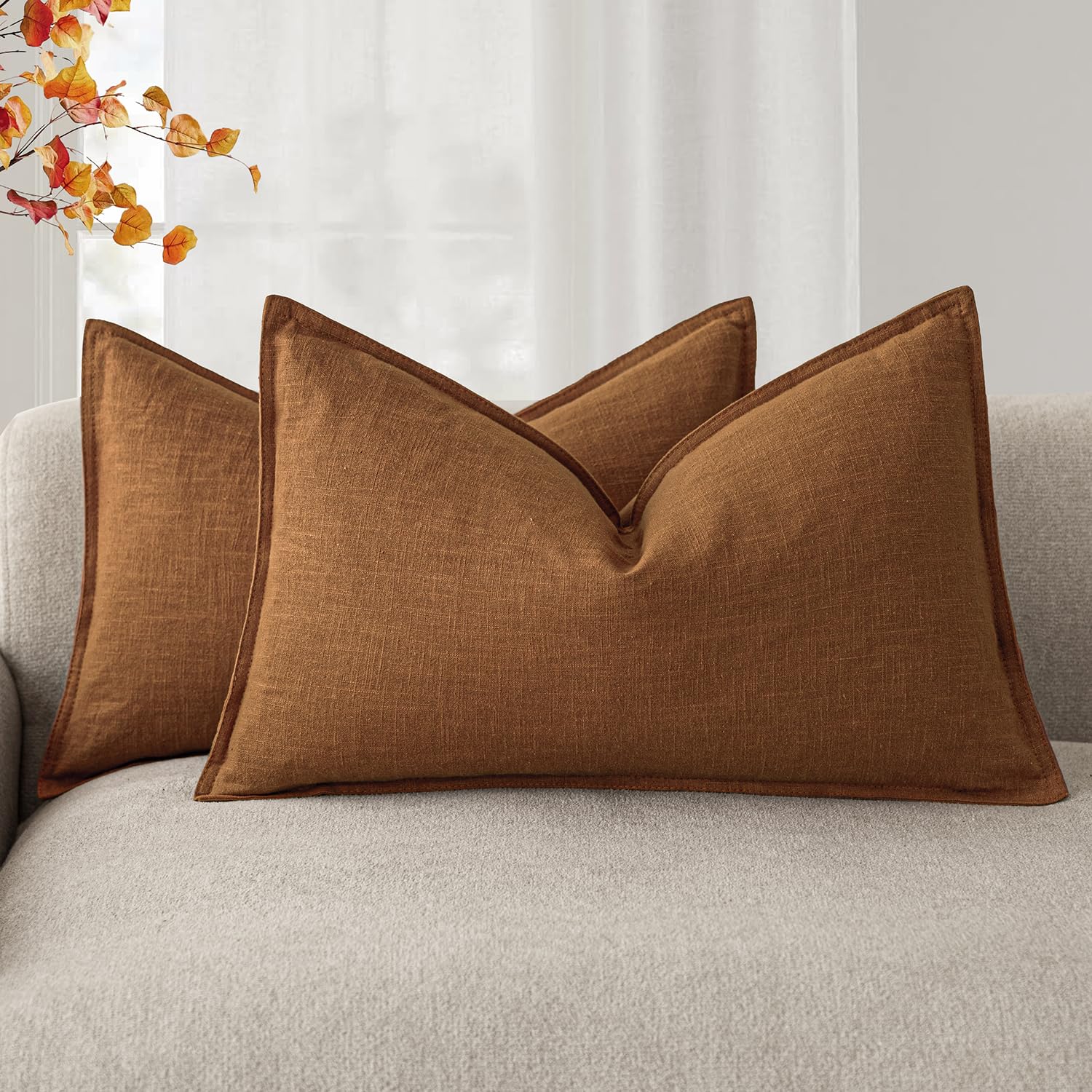 Foindtower Set of 2, Decorative Linen Soild Throw Pillow Covers Soft Accent Cushion Euro Case Boho Farmhouse Pillowcase for Chair Couch Sofa Bedroom Living Room Home Decor 20 x 20 Inch Natural Linen