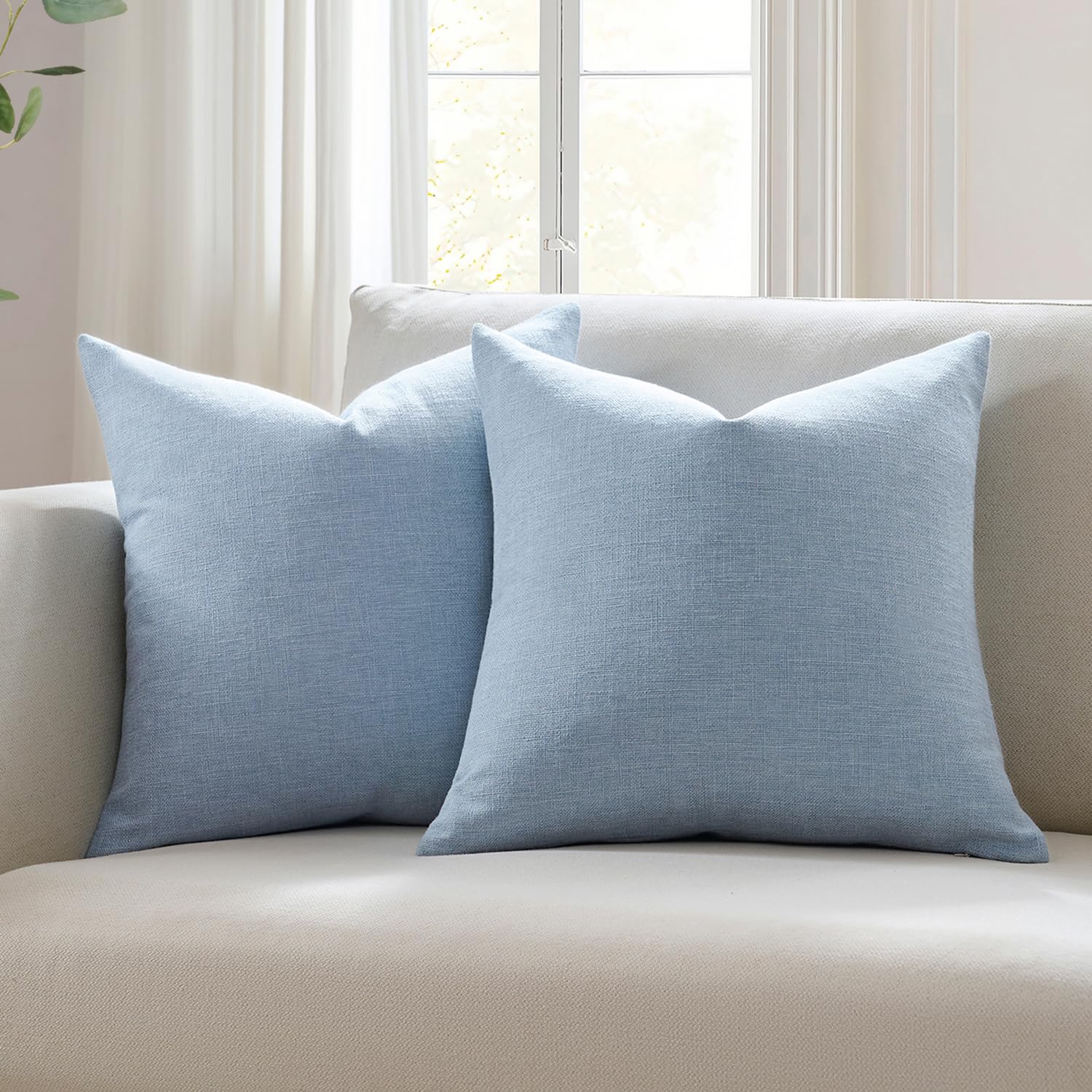 Meekio Set of 2 Ivory Throw Pillow Covers 22x22, Modern Farmhouse Linen Blend Decorative Pillow Covers for Couch Sofa Bed, Neutral Home Decor