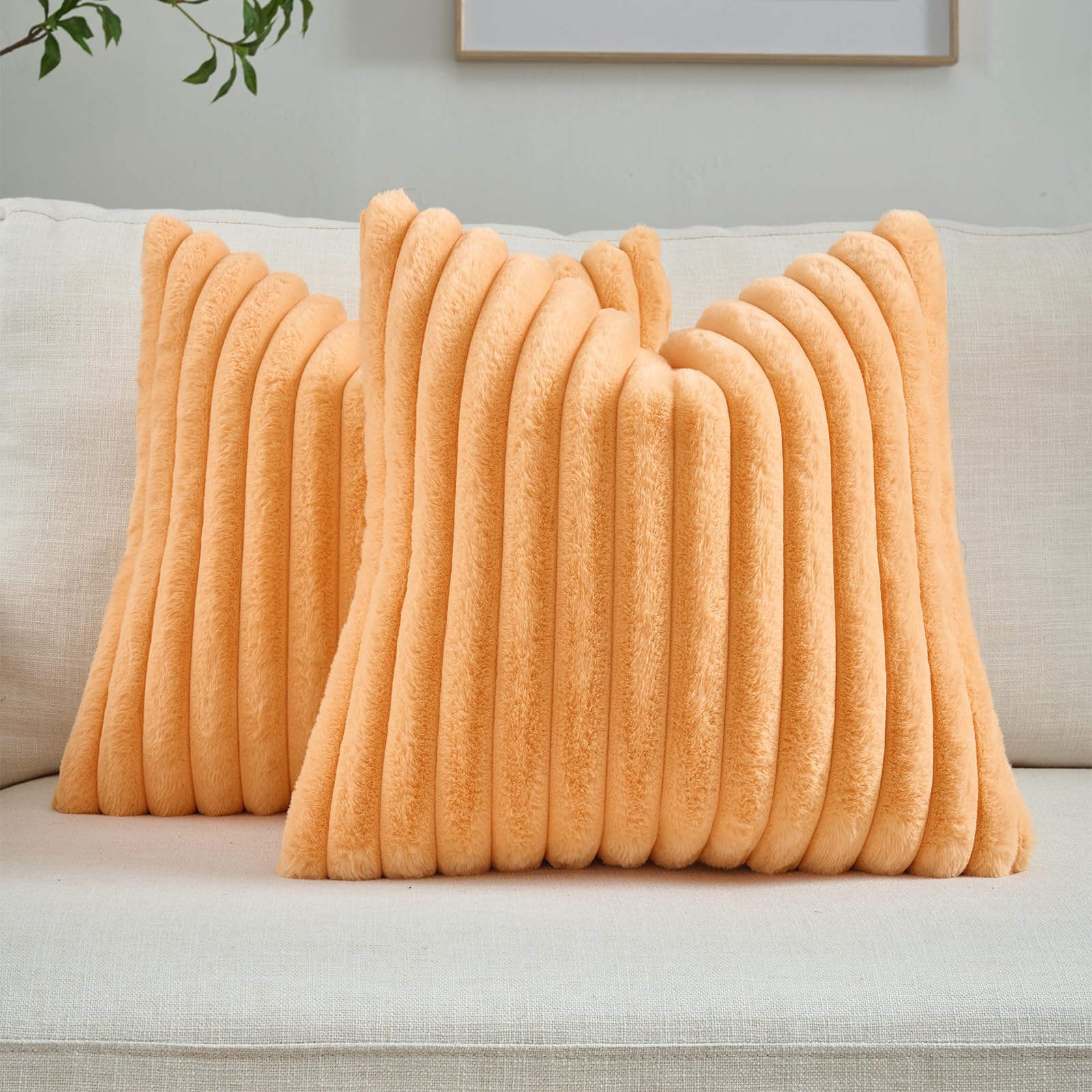 FUTEI Pack of 2 Solid Faux Fur Plush Throw Pillow Covers 18x18 Inch Soft Fluffy Striped Decorative Cushion Cases Modern Farmhouse Accent for Couch Bed Living Room, Cream White