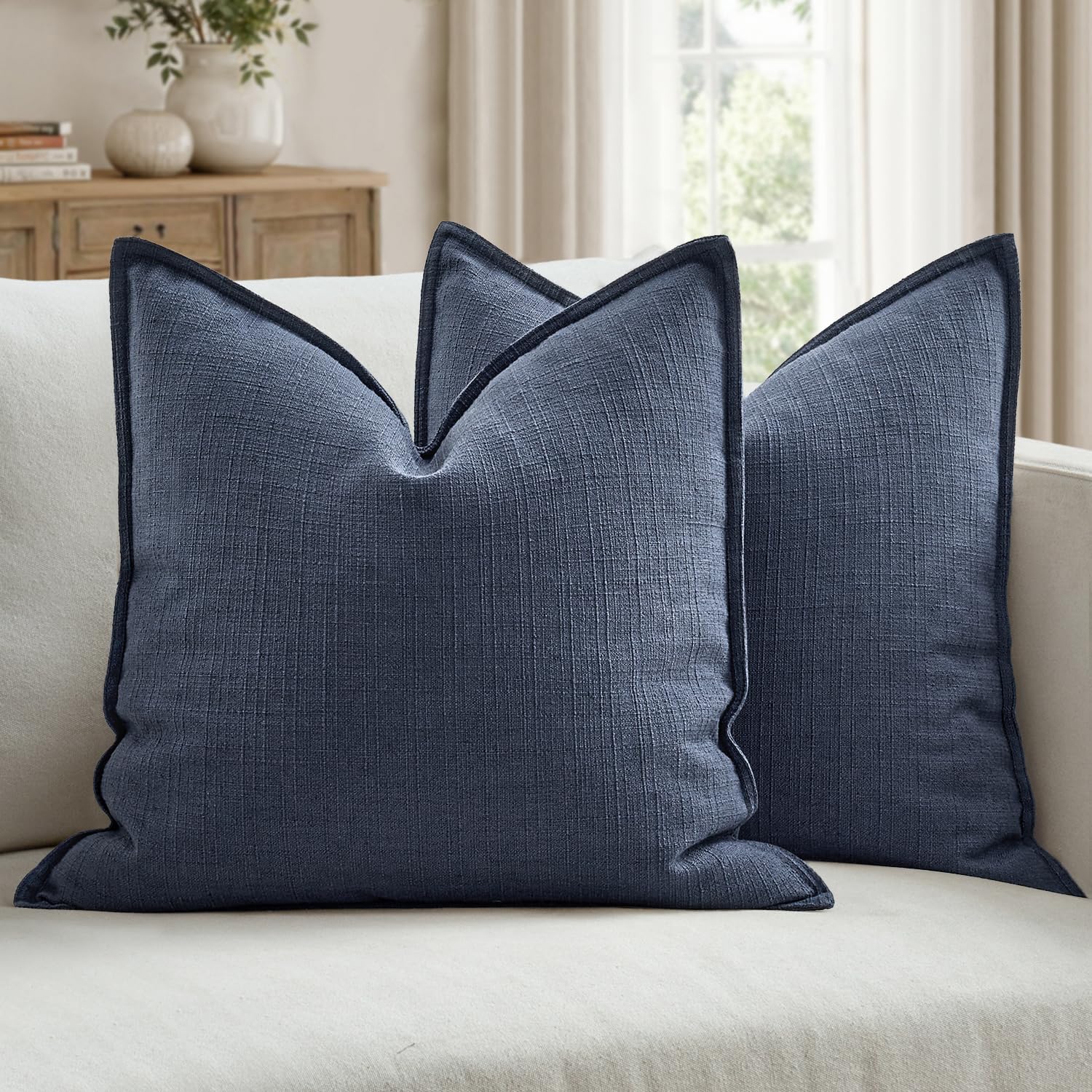 MIULEE Pack of 2 Thick Textured Couch Throw Pillow Covers, Navy Blue Decorative Pillow Covers 20x20, Neutral Linen Cushion Cases for Sofa Bed Living Room Modern Farmhouse Home Decor, No Filling