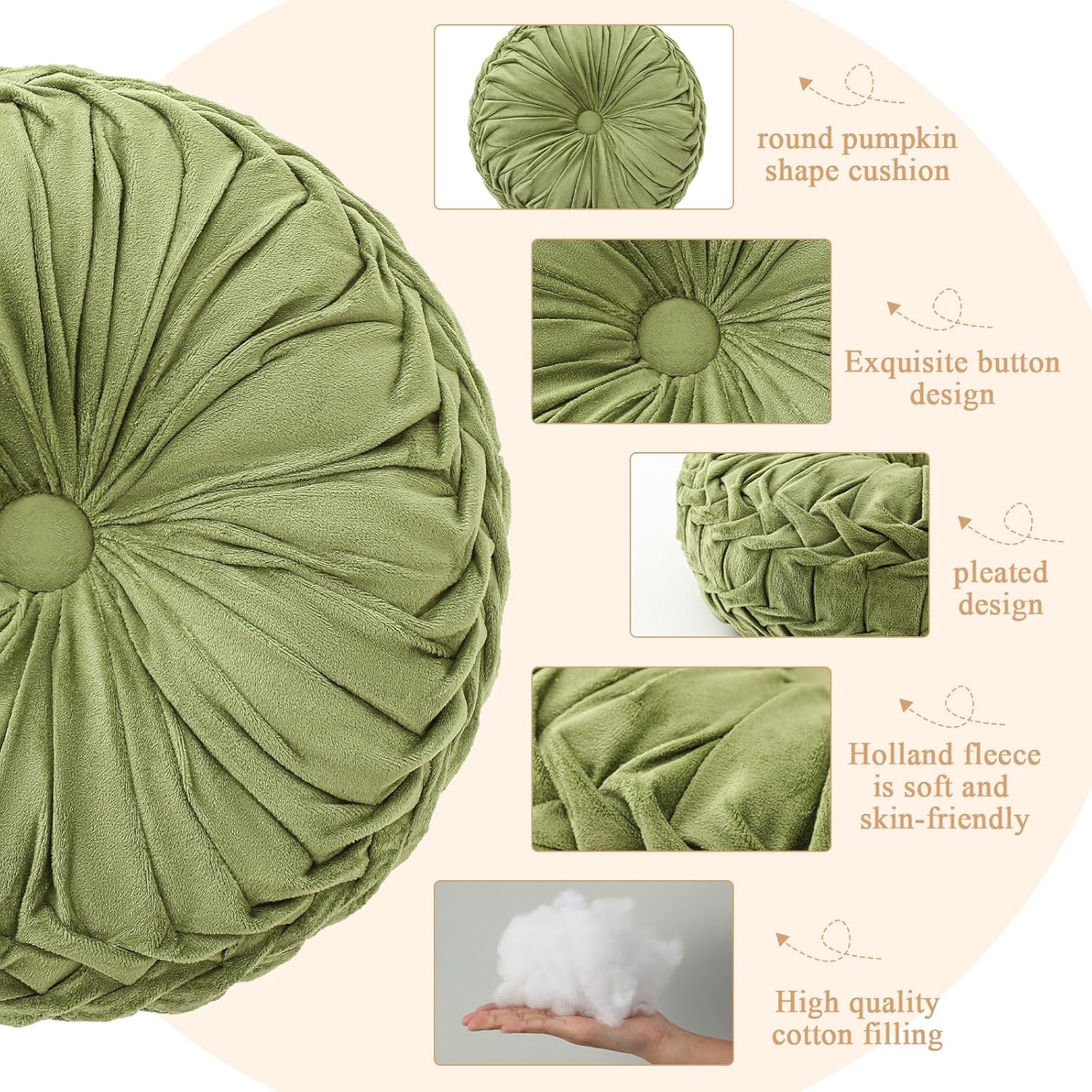 Drydiet 1 Pcs Round Throw Velvet Pillows Decorative Pleated Throw Pillows 15'' Diameter Accent Pumpkin Boho Chair Cushion for Couch Sofa Home Decoration (Olive Green)