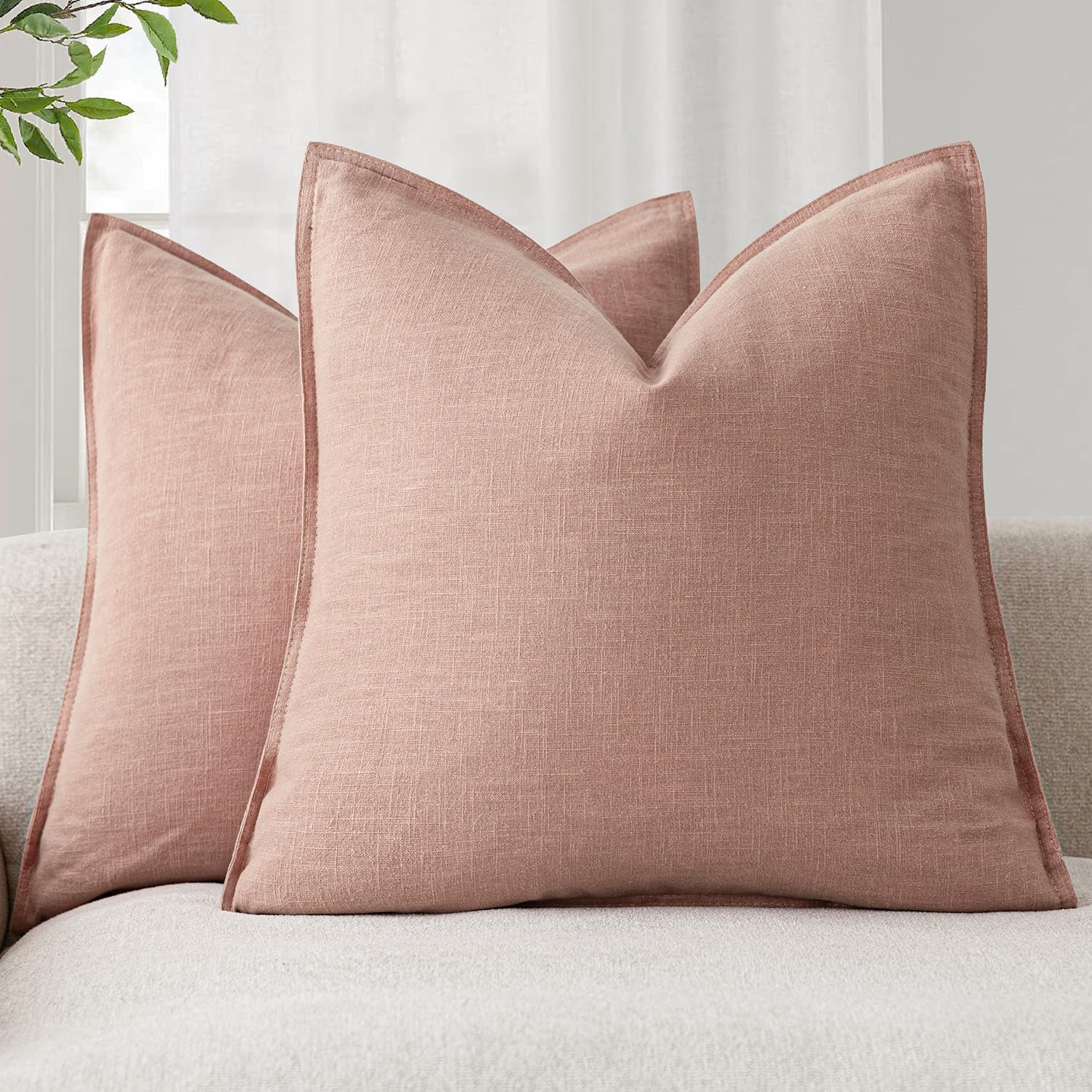 Foindtower Set of 2, Decorative Linen Soild Throw Pillow Covers Soft Accent Cushion Euro Case Boho Farmhouse Pillowcase for Chair Couch Sofa Bedroom Living Room Home Decor 20 x 20 Inch Natural Linen
