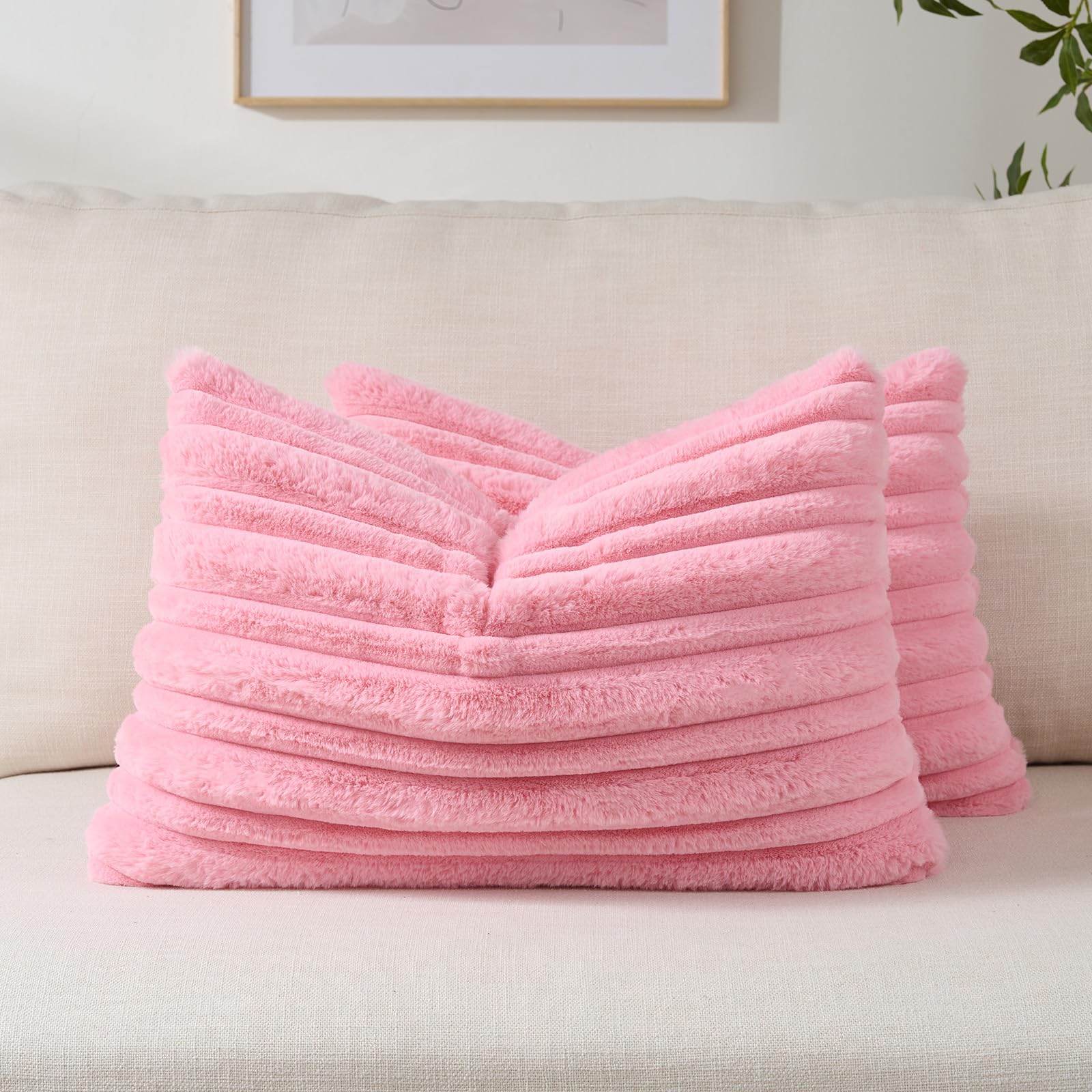 FUTEI Camel Decorative Throw Pillow Covers 18x18 Inch Set of 2,Soft Fluffy Faux Rabbit Fur Thick & Thin Striped Textured Cushion Case,Modern Home Decor for Couch Bed Living Room