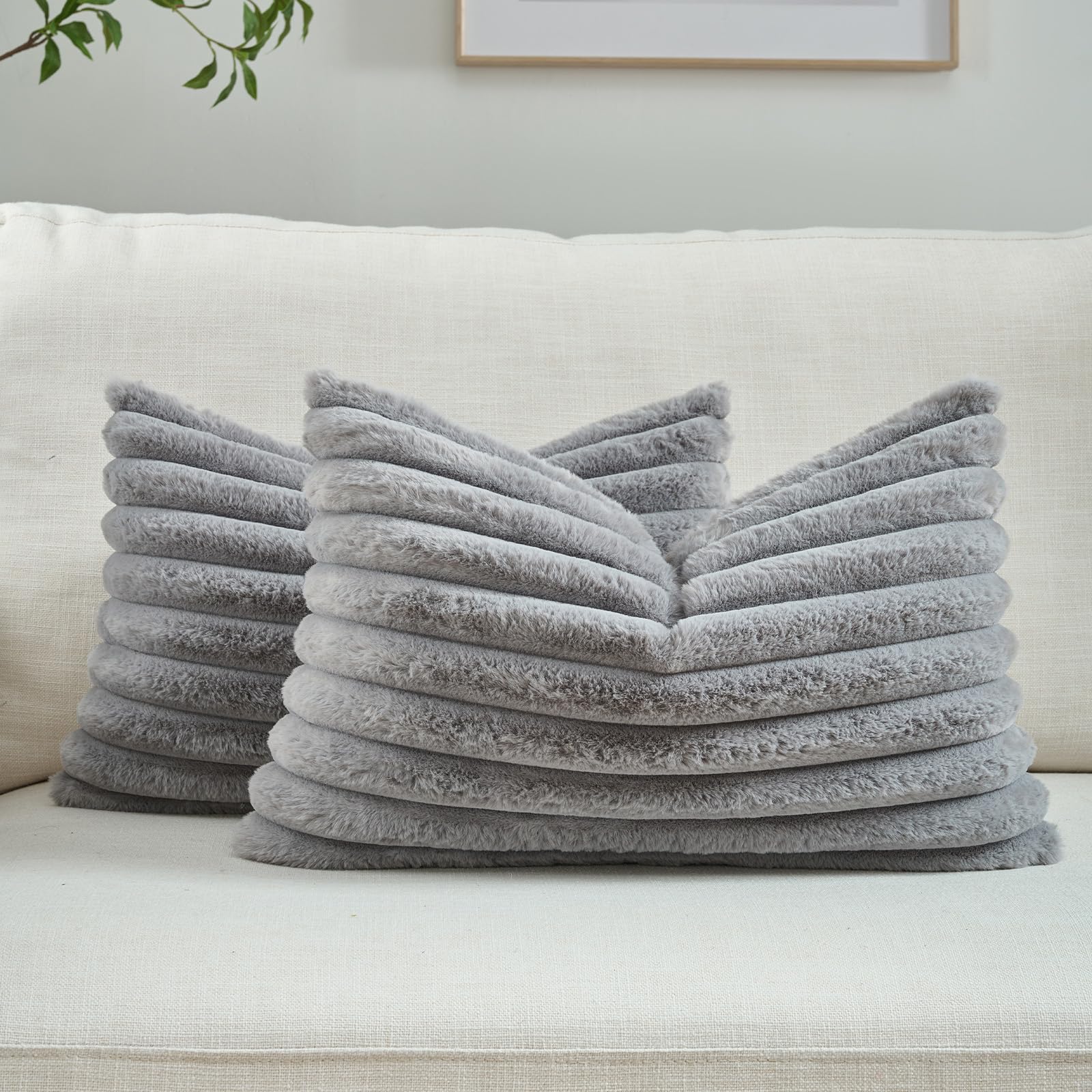 FUTEI Pack of 2 Solid Faux Fur Plush Throw Pillow Covers 18x18 Inch Soft Fluffy Striped Decorative Cushion Cases Modern Farmhouse Accent for Couch Bed Living Room, Cream White