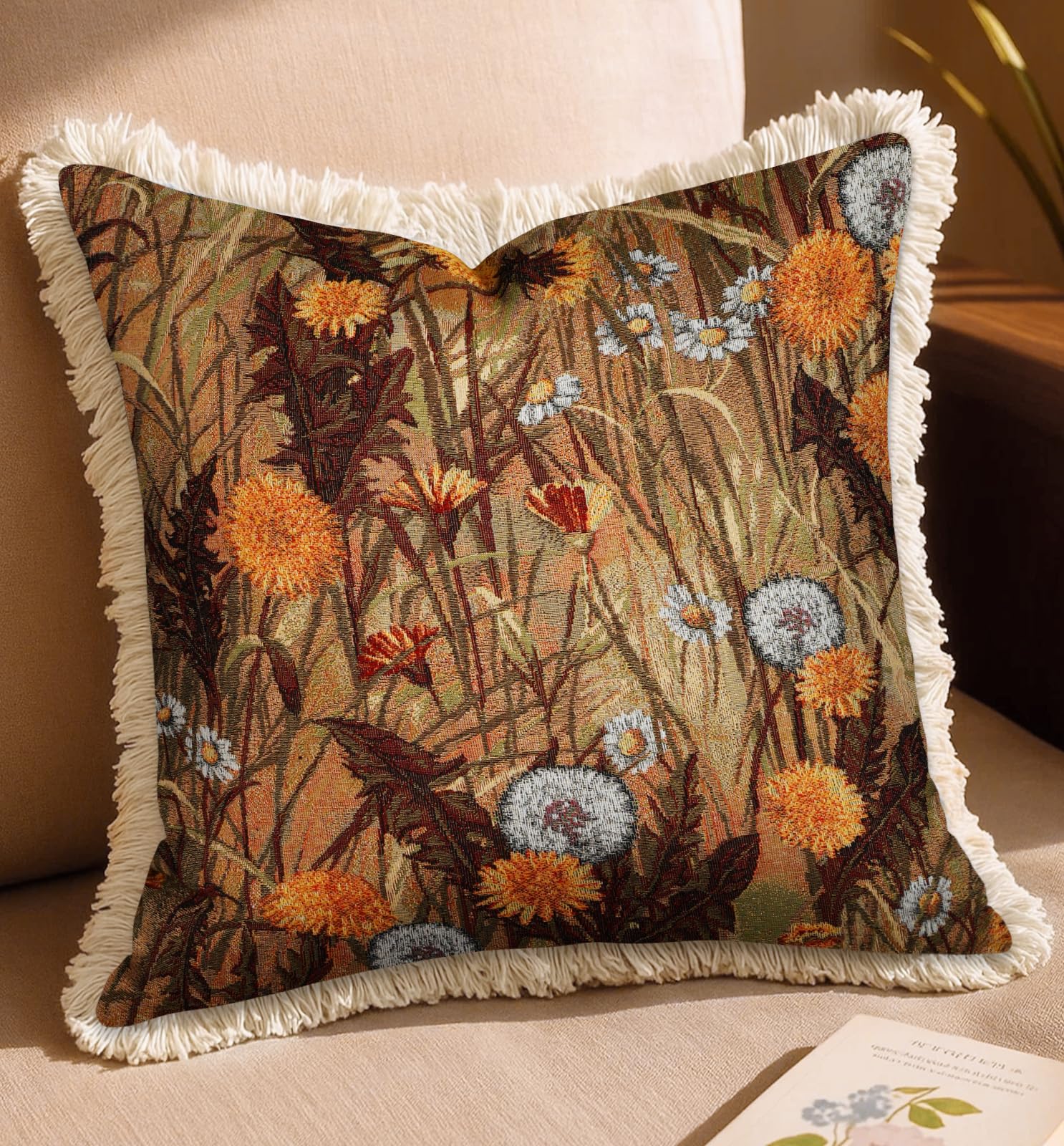 Decorative Throw Pillow Cover 18x18 - Vintage Pillowcovers with Fringe Bird Flower Cute Embroidered Pillow Case with Zipper for Living Room Couch Sofa Bed Rustic Boho Design Abstract
