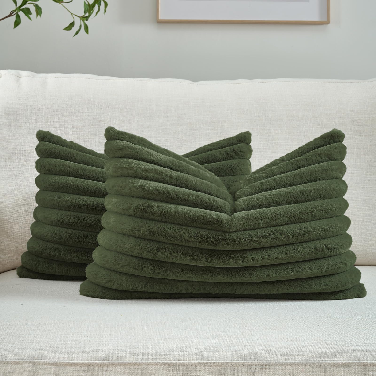 FUTEI Pack of 2 Solid Faux Fur Plush Throw Pillow Covers 18x18 Inch Soft Fluffy Striped Decorative Cushion Cases Modern Farmhouse Accent for Couch Bed Living Room, Cream White