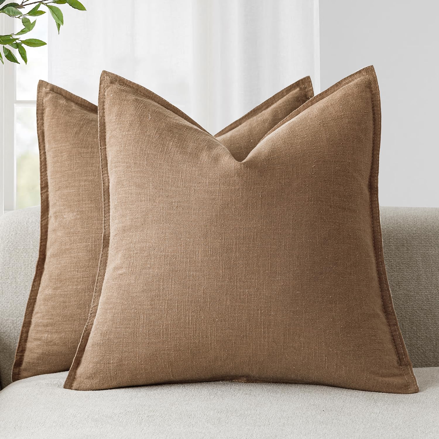 Foindtower Set of 2, Decorative Linen Soild Throw Pillow Covers Soft Accent Cushion Euro Case Boho Farmhouse Pillowcase for Chair Couch Sofa Bedroom Living Room Home Decor 20 x 20 Inch Natural Linen