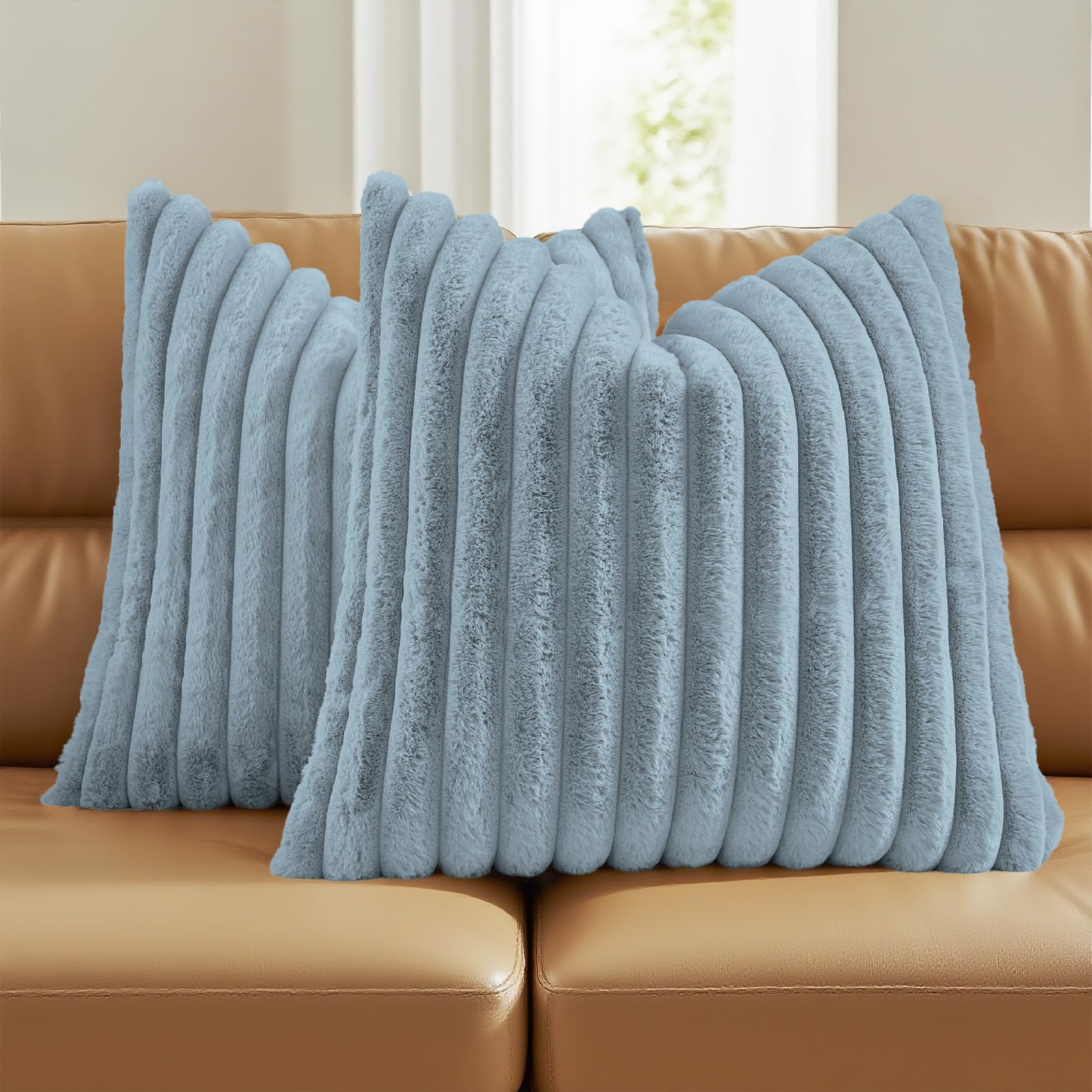 FUTEI Pack of 2 Solid Faux Fur Plush Throw Pillow Covers 18x18 Inch Soft Fluffy Striped Decorative Cushion Cases Modern Farmhouse Accent for Couch Bed Living Room, Cream White