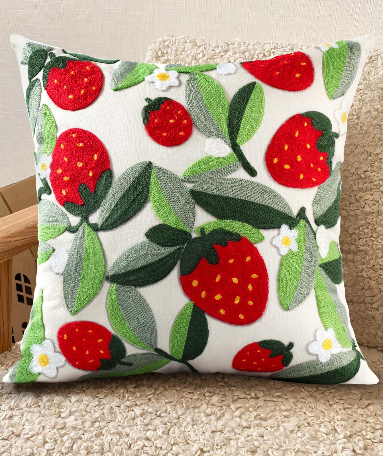 Embroidered Throw Pillow Cover - 18x18 Decorative Pillow Cover with Zipper Aesthetic Cute Design Boho Spring Summer Throw Pillowcase for Living Room Couch Sofa Bed, Flower Cats