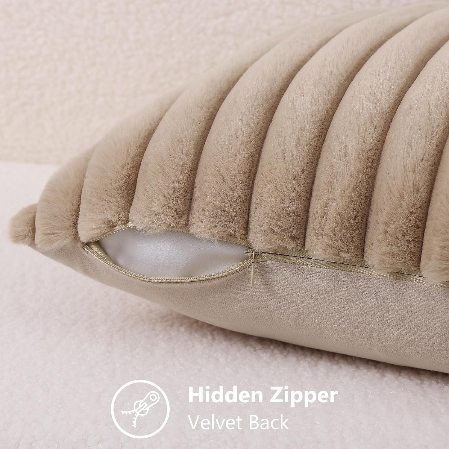 decorUhome Cozy Faux Fur Throw Pillow Covers 18x18 Set of 2 Decorative Soft Plush Striped Modern Farmhouse Boho Couch Pillow Cases with Velvet Back for Sofa Bed Living Room, Khaki Brown