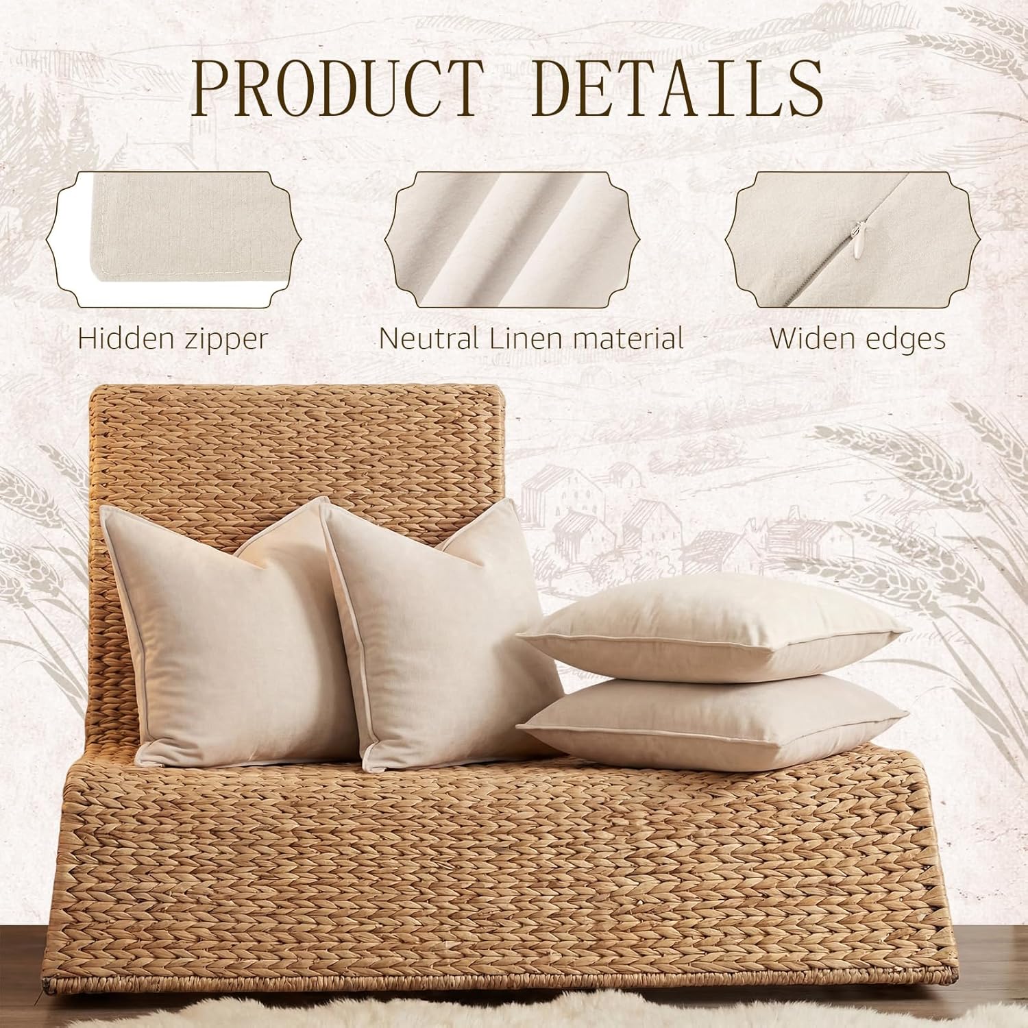 4 Pack 20x20 Inch Linen Pillow Covers Decorative Neutral Linen Throw Pillows Cases, Soft Rustic Cushions Boho Farmhouse Pillowcases for Bed Sofa Living Room Spring Decor(Beige)