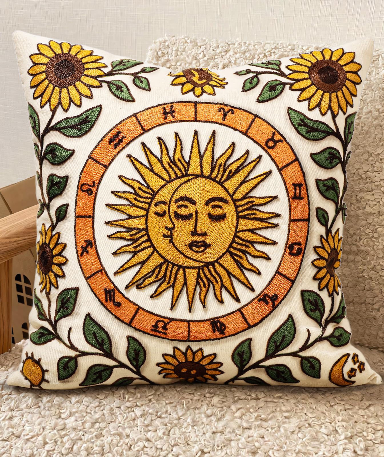 Embroidered Throw Pillow Cover 18x18 Inch - Spring Summer Boho Decorative Pillow Cover with Zipper for Living Room Couch Sofa Bed Aesthetic Design Flower Cluster Cushion Pillowcase