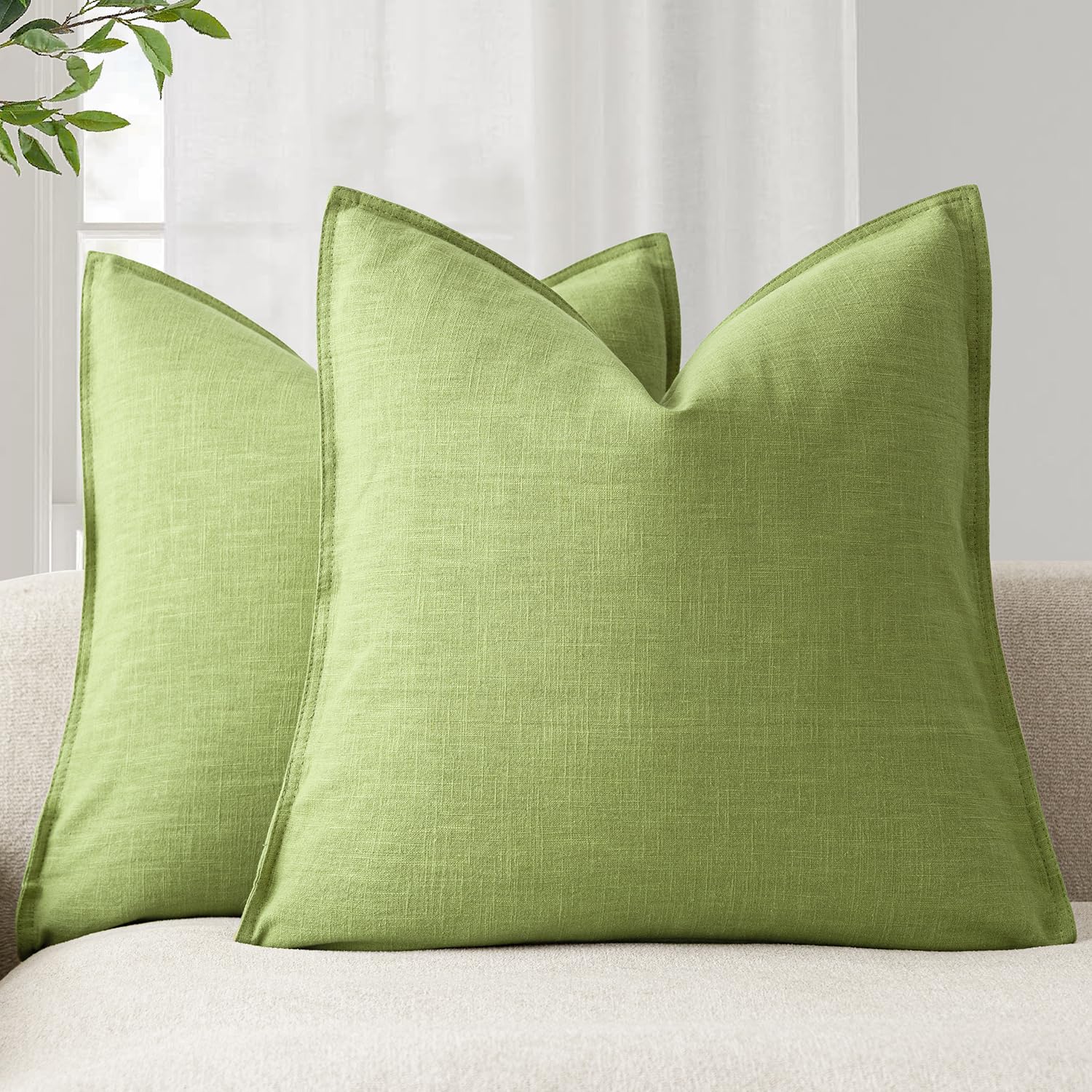Foindtower Set of 2, Decorative Linen Soild Throw Pillow Covers Soft Accent Cushion Euro Case Boho Farmhouse Pillowcase for Chair Couch Sofa Bedroom Living Room Home Decor 20 x 20 Inch Natural Linen