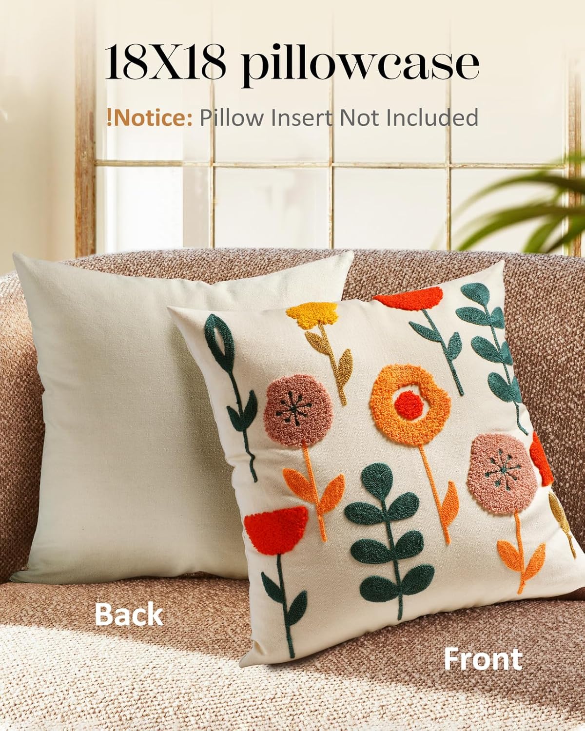 Embroidered Throw Pillow Cover - 18x18 Decorative Pillow Cover with Zipper Aesthetic Cute Design Boho Spring Summer Cozy Throw Pillowcase for Living Room Couch Sofa Bed, Plants