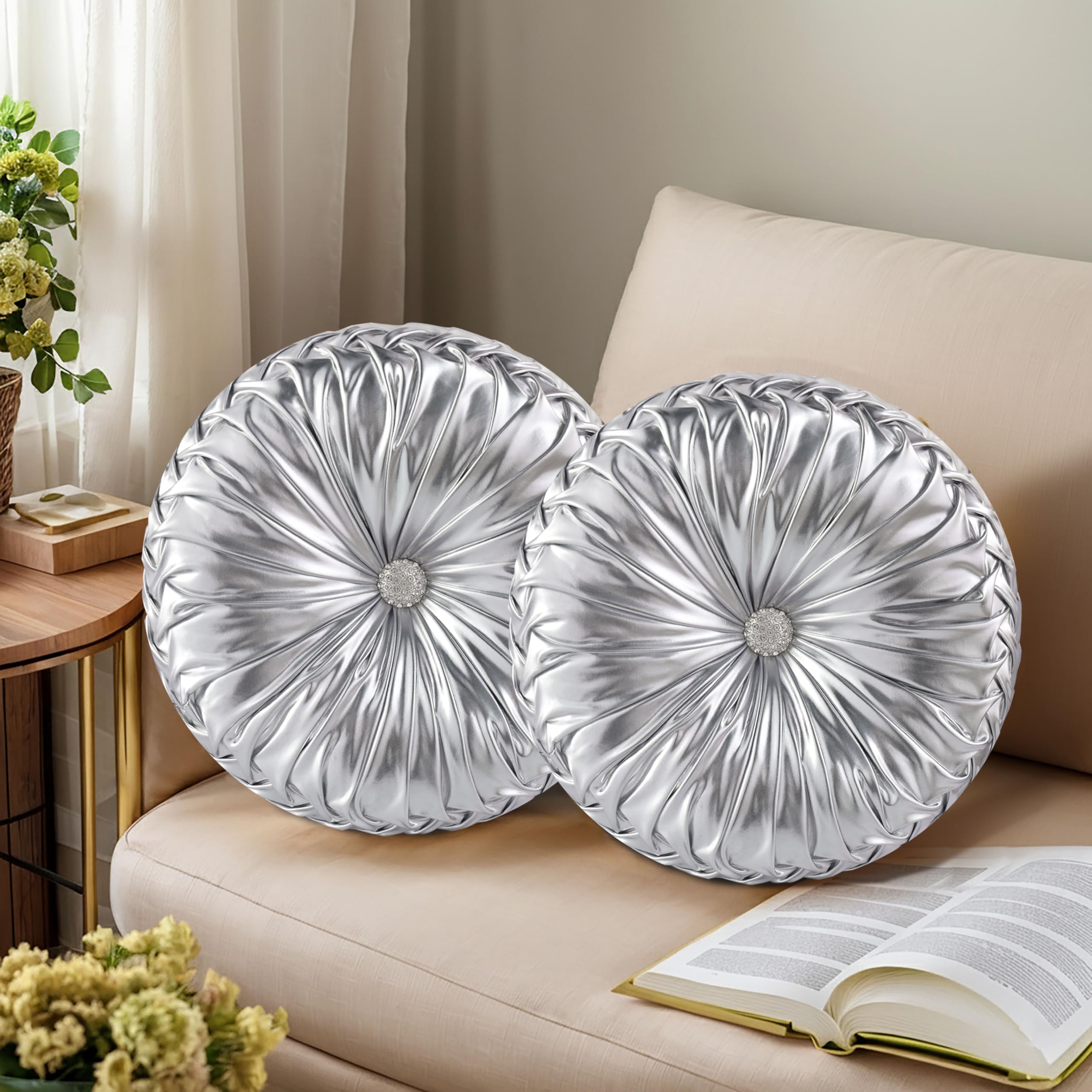 HIG Set of 2 Pink Ruched Velvet Round Throw Pillows – 14.5’’ Decorative Pillows with Soft Polyester Filling for Couch, Bed, Living Room, Bedroom, or Dorm – Handmade, Stress Relieving, All-Season