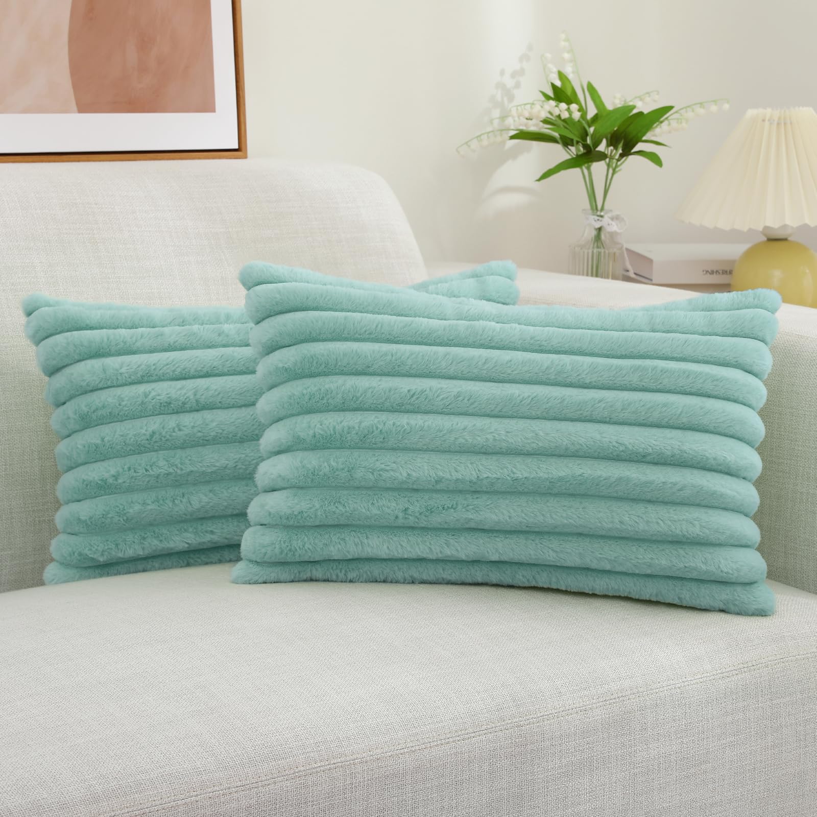 decorUhome Cozy Faux Fur Throw Pillow Covers 18x18 Set of 2 Decorative Soft Plush Striped Modern Farmhouse Boho Couch Pillow Cases with Velvet Back for Sofa Bed Living Room, Khaki Brown