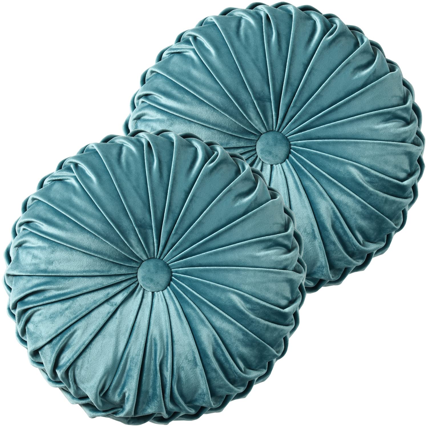 HIG Set of 2 Decorative Round Pleated Throw Pillows, Classy Accent Pumpkin Throw Pillows with Center Button, Vintage Velvet Floor Pillows for Sofa Couch Vanity Chair Bed, Olive, 14.5" Diameter(Ripple)