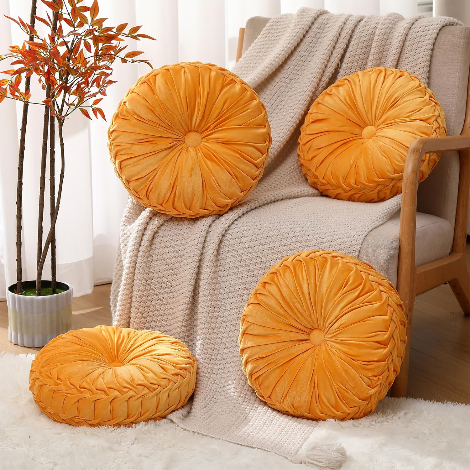 Beeveer 4 Pcs Round Throw Pillows 15 Inch Decorative Velvet Pleated Pumpkin Pillows Boho Floor Pillow with Center Button for Living Room Couch Chair Bed Sofa Home Decoration (Yellow)