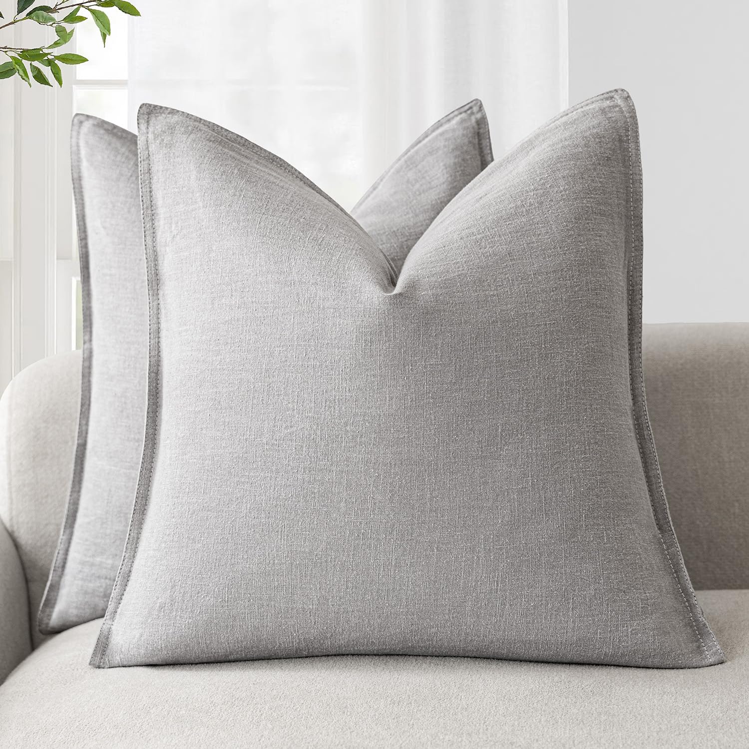 Foindtower Set of 2, Decorative Linen Soild Throw Pillow Covers Soft Accent Cushion Euro Case Boho Farmhouse Pillowcase for Chair Couch Sofa Bedroom Living Room Home Decor 20 x 20 Inch Natural Linen