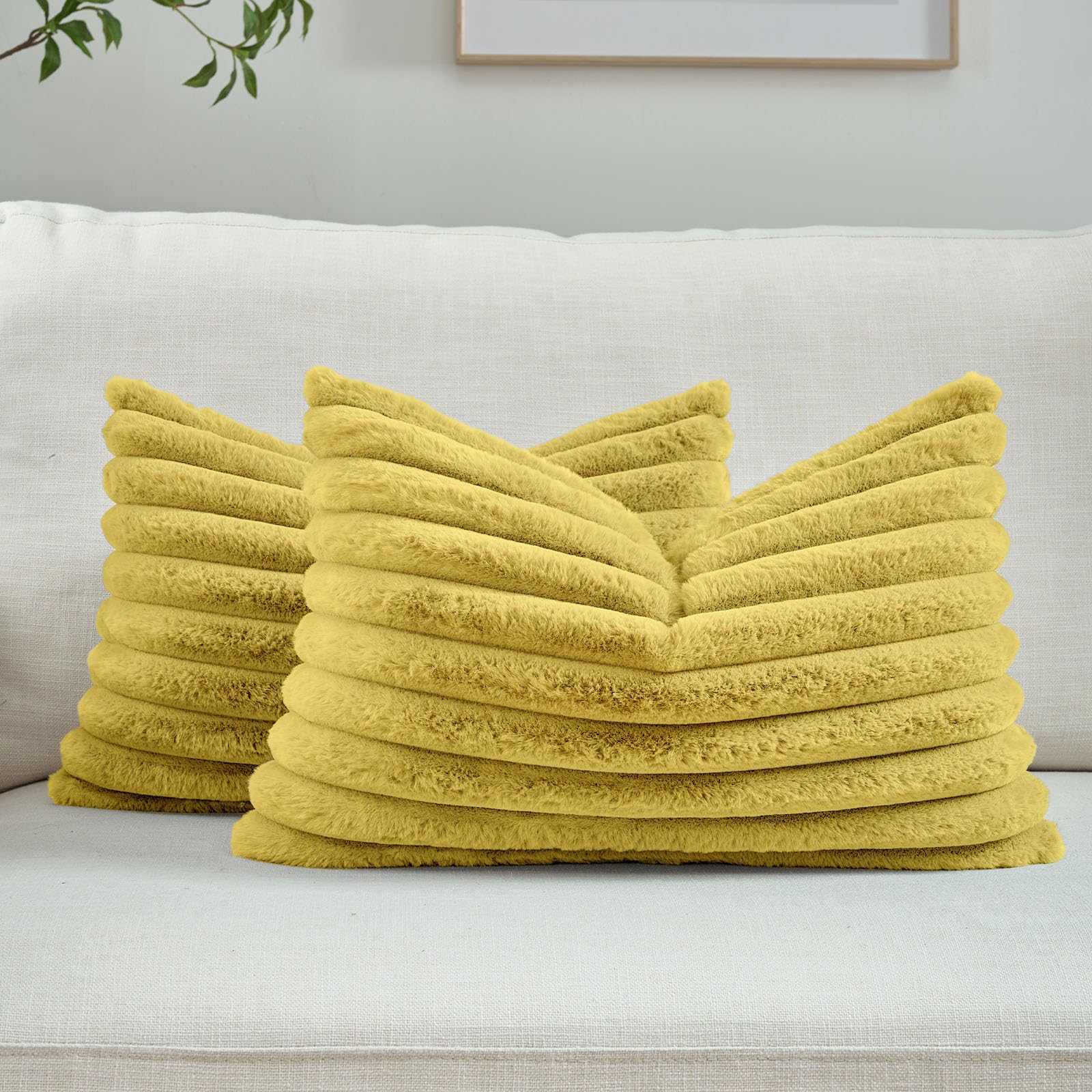 FUTEI Pack of 2 Solid Faux Fur Plush Throw Pillow Covers 18x18 Inch Soft Fluffy Striped Decorative Cushion Cases Modern Farmhouse Accent for Couch Bed Living Room, Cream White