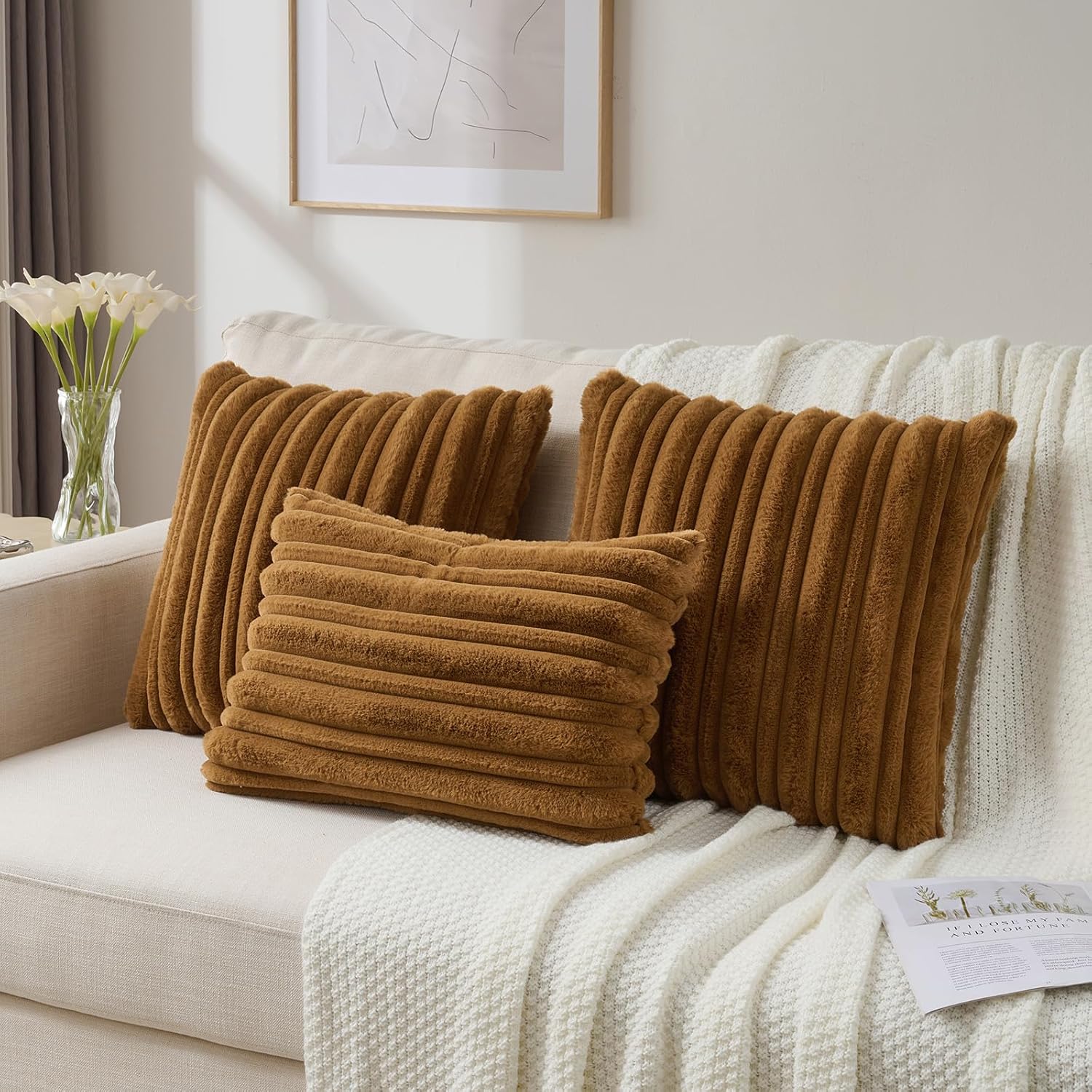 FUTEI Camel Decorative Throw Pillow Covers 18x18 Inch Set of 2,Soft Fluffy Faux Rabbit Fur Thick & Thin Striped Textured Cushion Case,Modern Home Decor for Couch Bed Living Room