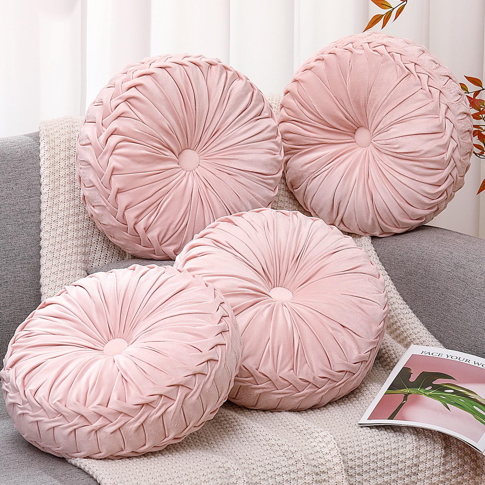 Beeveer 4 Pcs Round Throw Pillows 15 Inch Decorative Velvet Pleated Pumpkin Pillows Boho Floor Pillow with Center Button for Living Room Couch Chair Bed Sofa Home Decoration (Yellow)