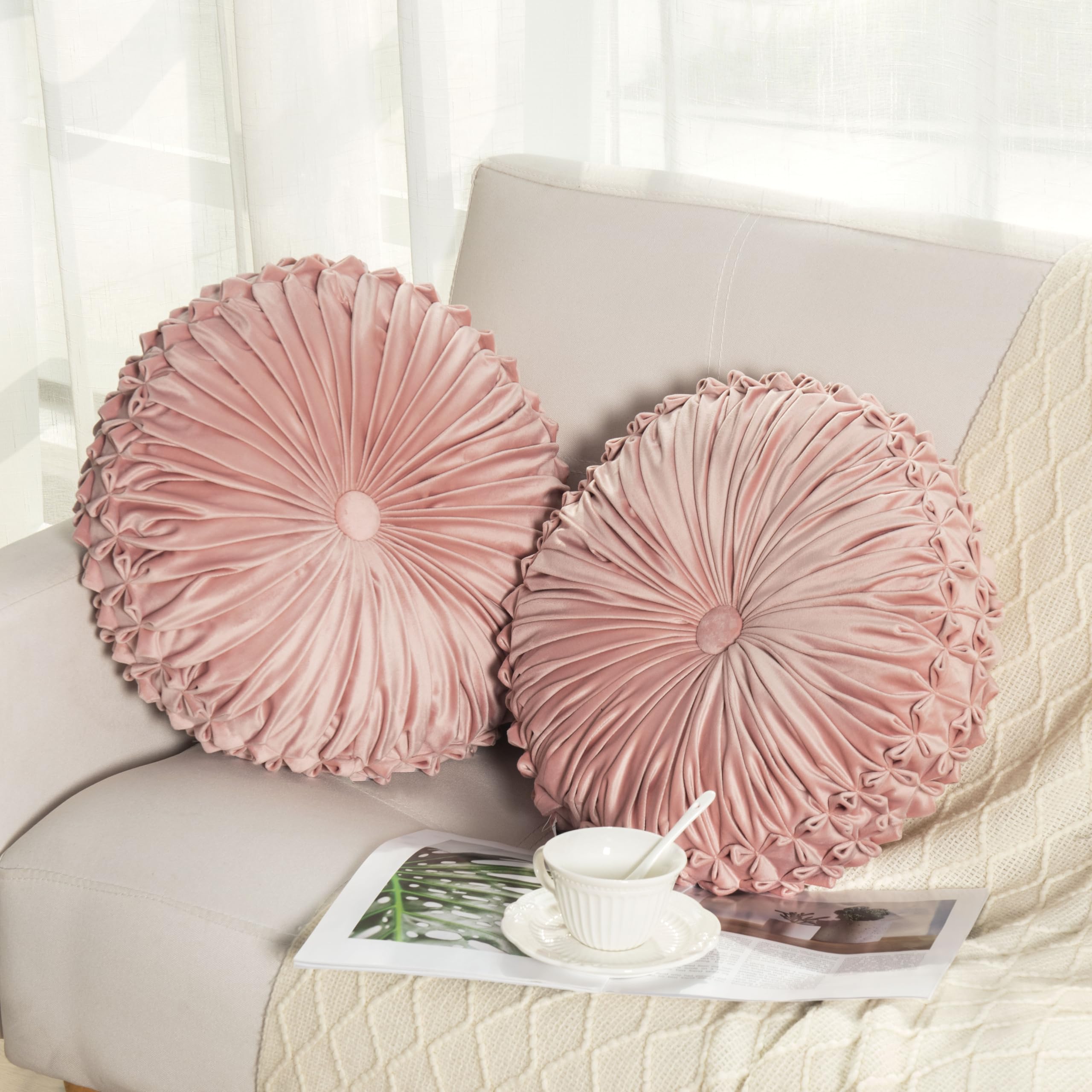 Round Throw Pillow Set of 2 – Decorative Velvet Ruched Pumpkin Pillows with Button Center, Soft Handmade Cushions for Couch Sofa Bed Farmhouse Vintage Rustic Decor, 14.5" R, Yellow