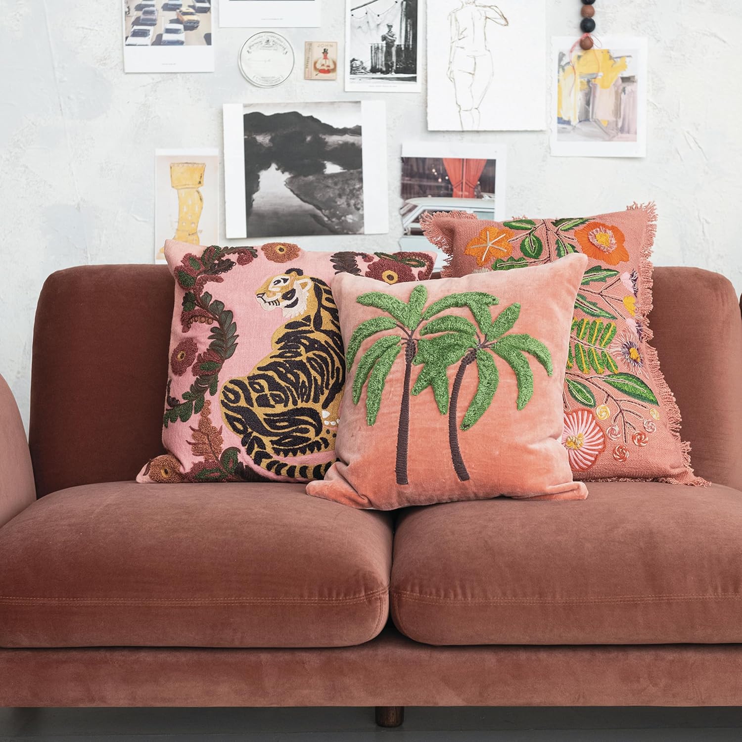 Creative Co-Op Embroidered Tiger and Flowers Cotton Slub Pillow, Multicolor