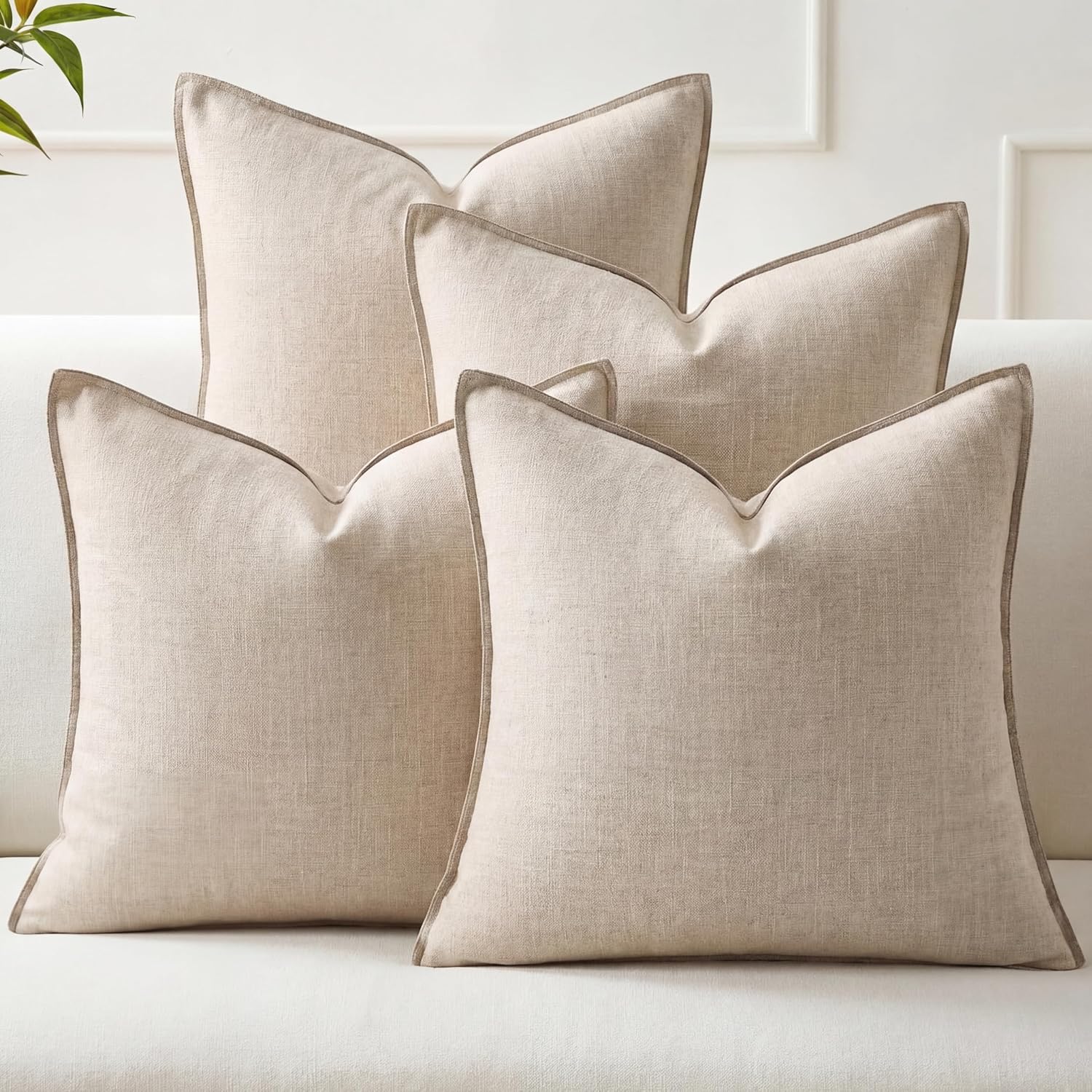4 Pack 20x20 Inch Linen Pillow Covers Decorative Neutral Linen Throw Pillows Cases, Soft Rustic Cushions Boho Farmhouse Pillowcases for Bed Sofa Living Room Spring Decor(Beige)