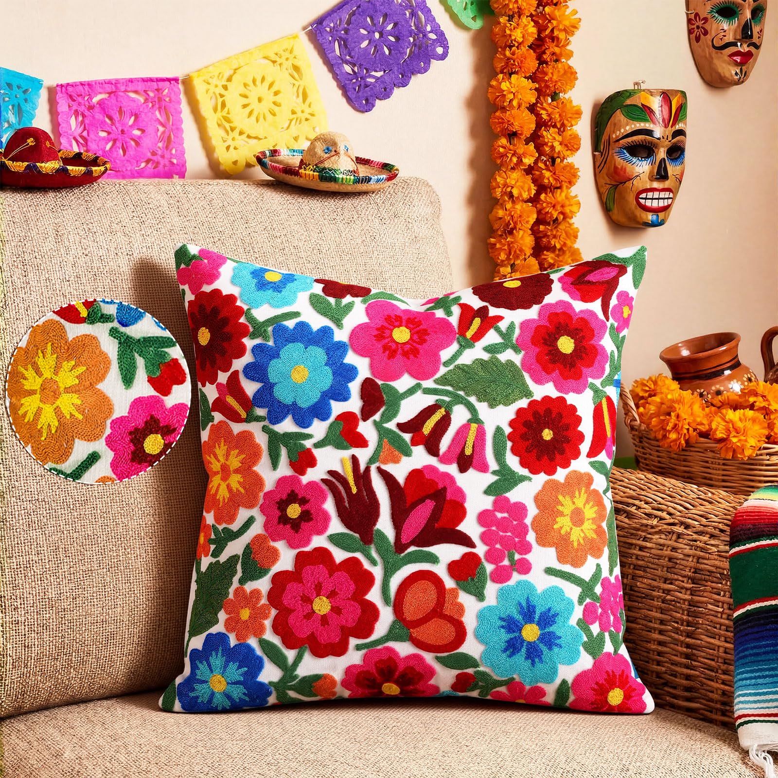 HunnmingRe Mexican Embroidered Throw Pillow with Insert 18 x 18 Inch Mexican Boho Embroidered Pillow Cover Decorative Fiesta Colorful Floral Cushion Decor for Sofa Living Room Couch Bedroom(White)