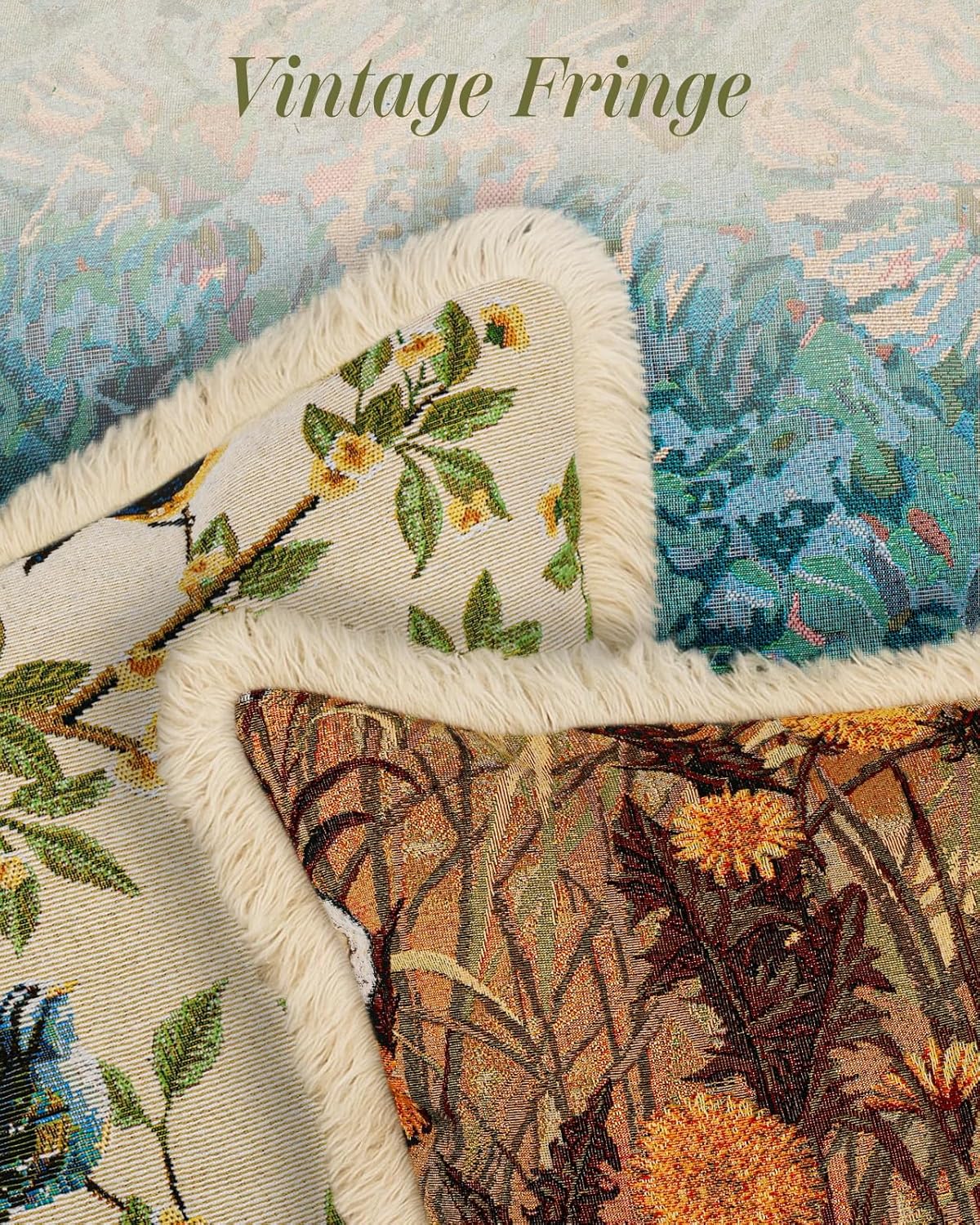 Decorative Throw Pillow Cover 18x18 - Vintage Pillowcovers with Fringe Bird Flower Cute Embroidered Pillow Case with Zipper for Living Room Couch Sofa Bed Rustic Boho Design Abstract