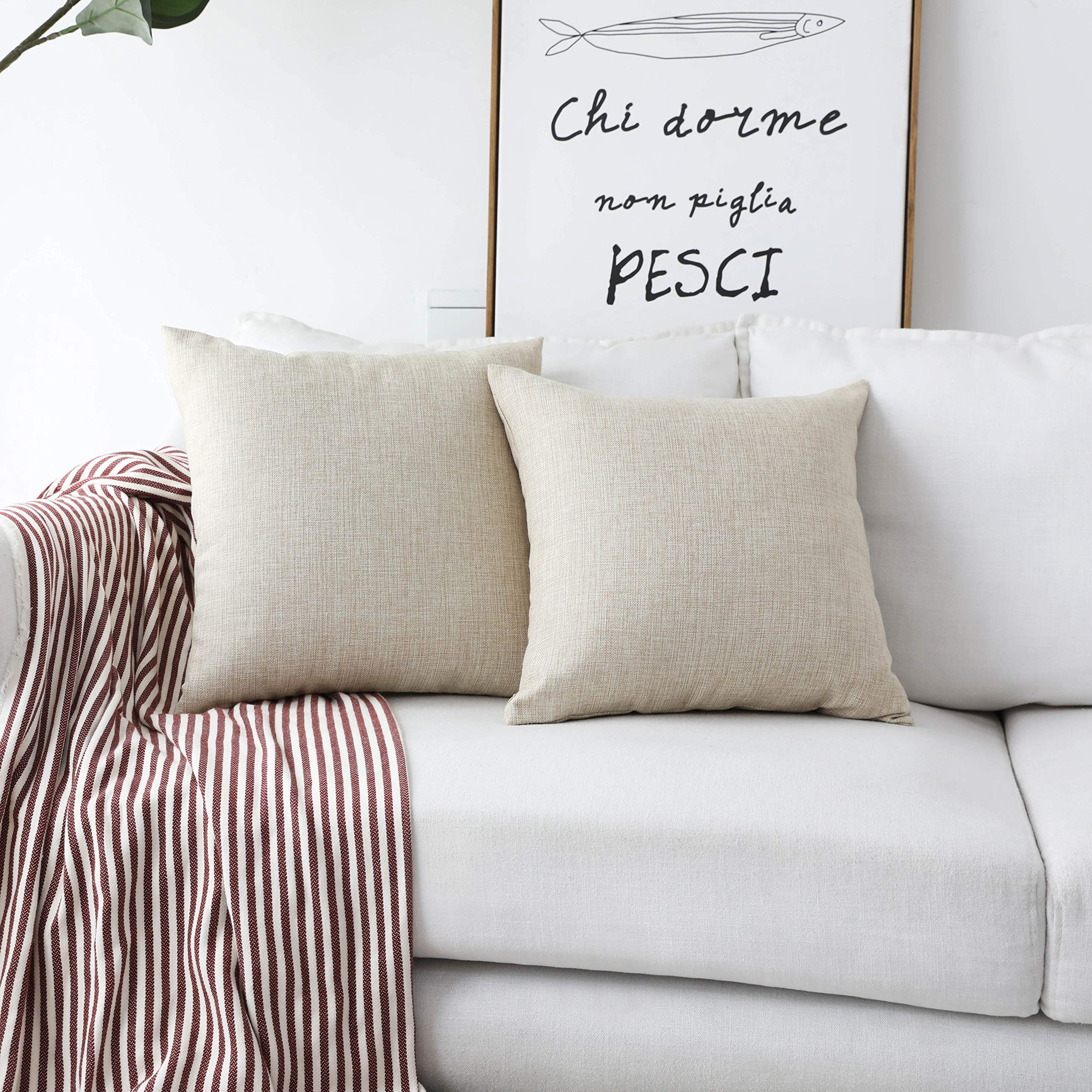 Home Brilliant Linen Pillow Covers 20x20 Textured Linen Pillow Case Cushion Covers for Sofa, 20 Inch, Set of 2, 50x50 cm, Natural Linen
