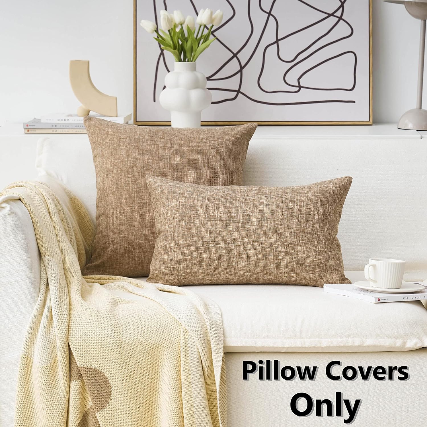 Home Brilliant Linen Pillow Covers 20x20 Textured Linen Pillow Case Cushion Covers for Sofa, 20 Inch, Set of 2, 50x50 cm, Natural Linen