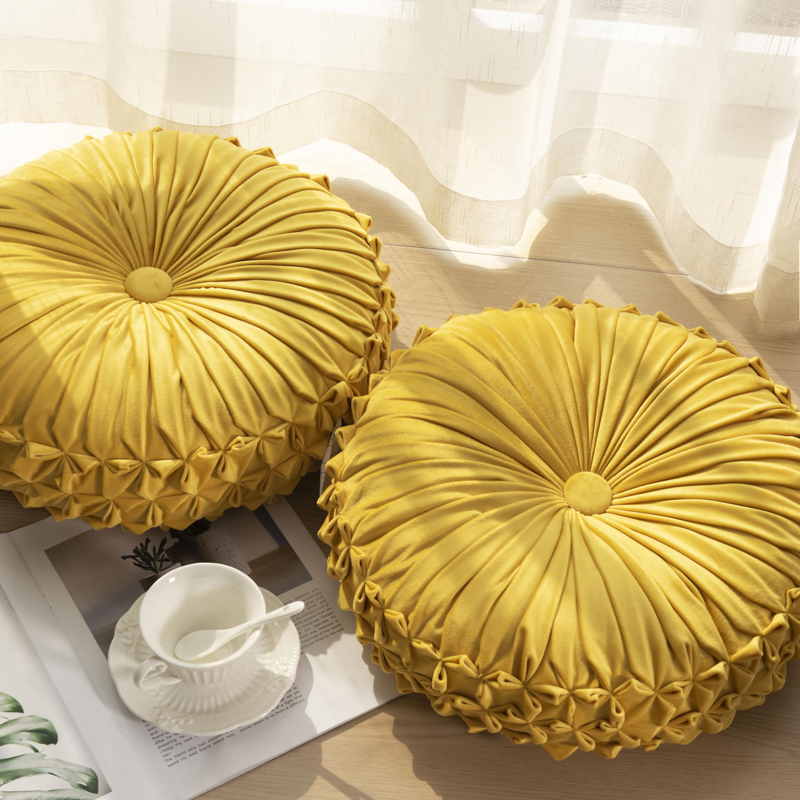 Round Throw Pillow Set of 2 – Decorative Velvet Ruched Pumpkin Pillows with Button Center, Soft Handmade Cushions for Couch Sofa Bed Farmhouse Vintage Rustic Decor, 14.5" R, Yellow