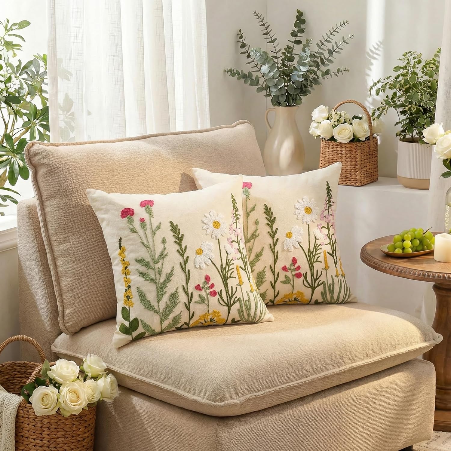 AVOIN colorlife Spring Summer Floral Daisy Embroidered Throw Pillow Covers, 18 x 18 Inch Beige Colorful Flowers Decorative Tufted Patterned Linen Cushion Case for Sofa Couch Set of 2