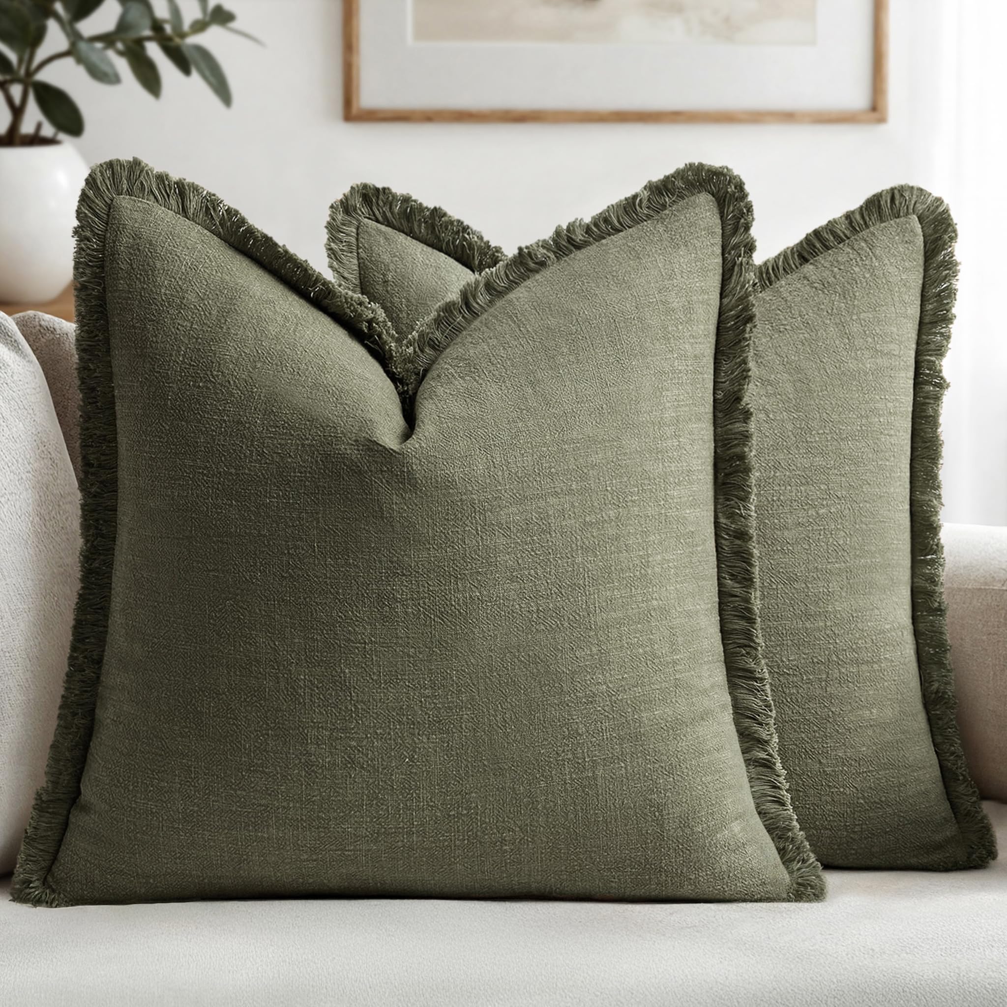 MIULEE Decorative Throw Pillow Covers Neutral Linen Fringe Throw Pillows Set of 2 Natural Beige Boho Farmhouse Cushion Covers with Tassels for Couch Sofa Bed Spring Home Decor 20x20 Inch