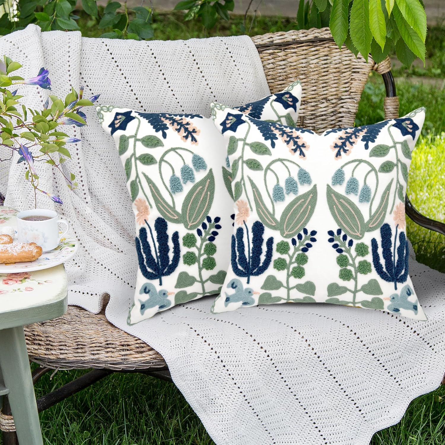 Alysheer Spring Floral Embroidered Decorative Throw Pillow Covers 18"x 18" Set of 2, Farmhouse Navy Blue Flowers Green Leaves Tufted Patterned Cotton Cushion Cases for Couch Bed Living Room Decor