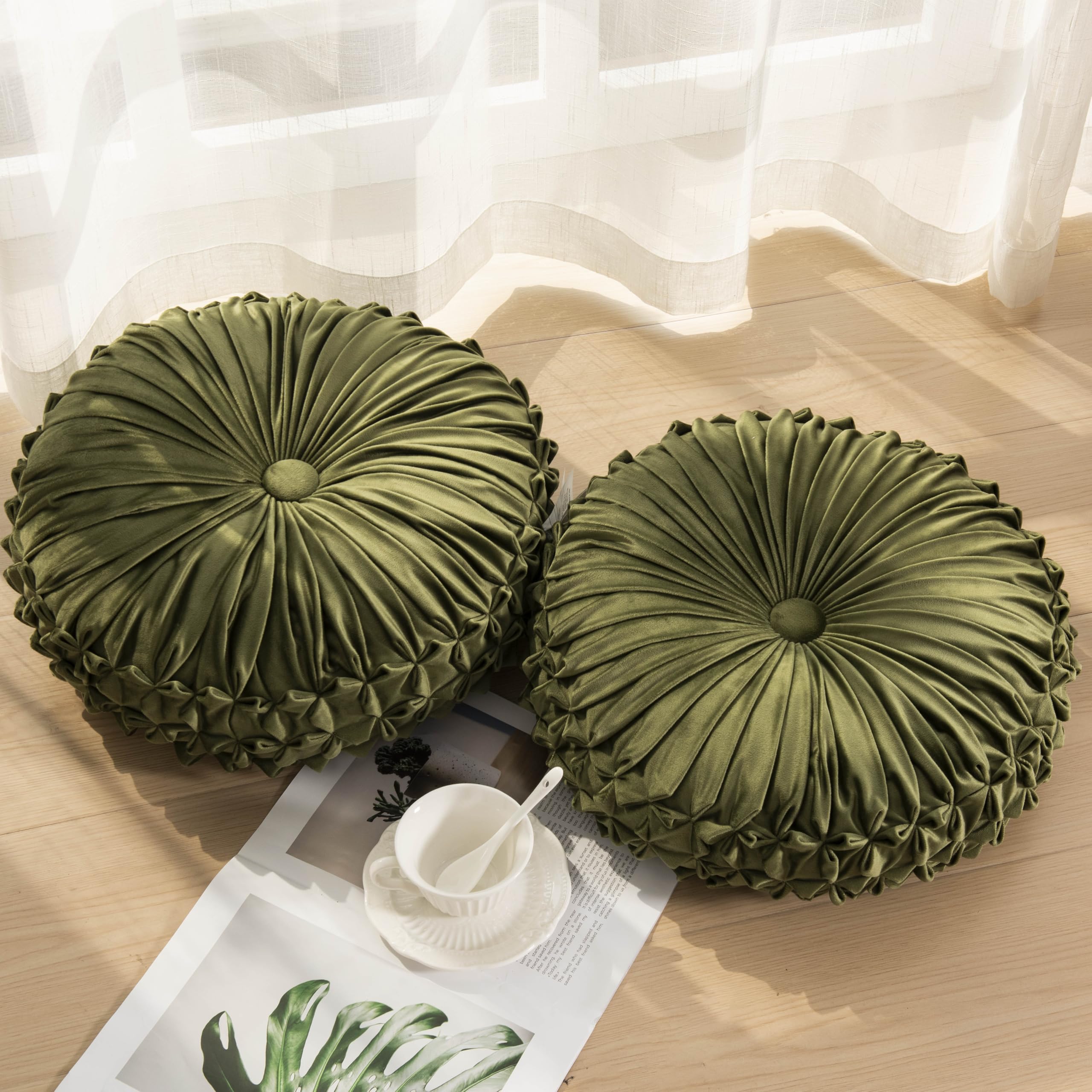 Round Throw Pillow Set of 2 – Decorative Velvet Ruched Pumpkin Pillows with Button Center, Soft Handmade Cushions for Couch Sofa Bed Farmhouse Vintage Rustic Decor, 14.5" R, Yellow