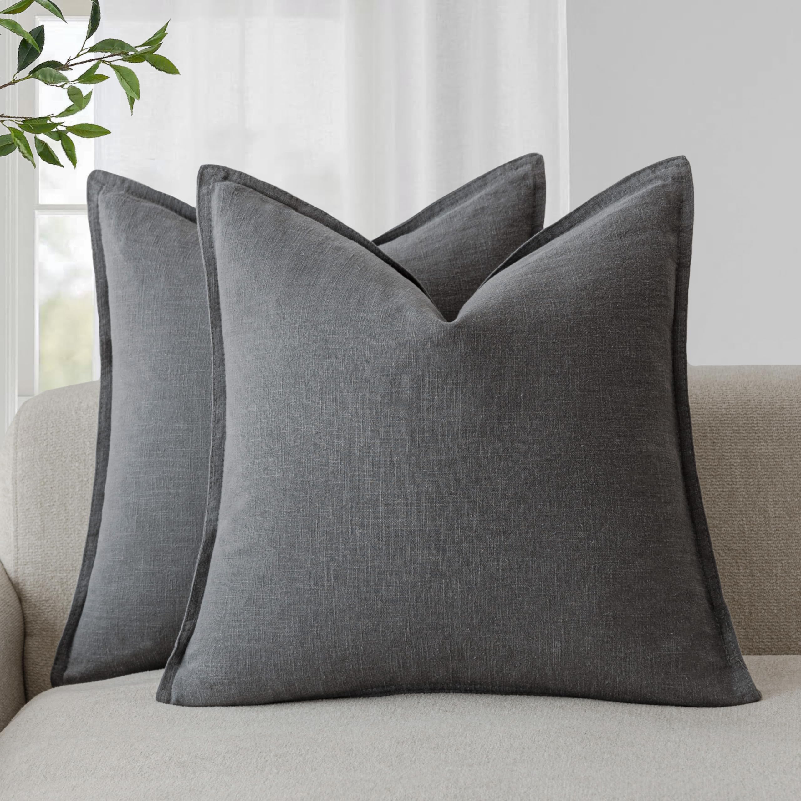 Foindtower Set of 2, Decorative Linen Soild Throw Pillow Covers Soft Accent Cushion Euro Case Boho Farmhouse Pillowcase for Chair Couch Sofa Bedroom Living Room Home Decor 20 x 20 Inch Natural Linen