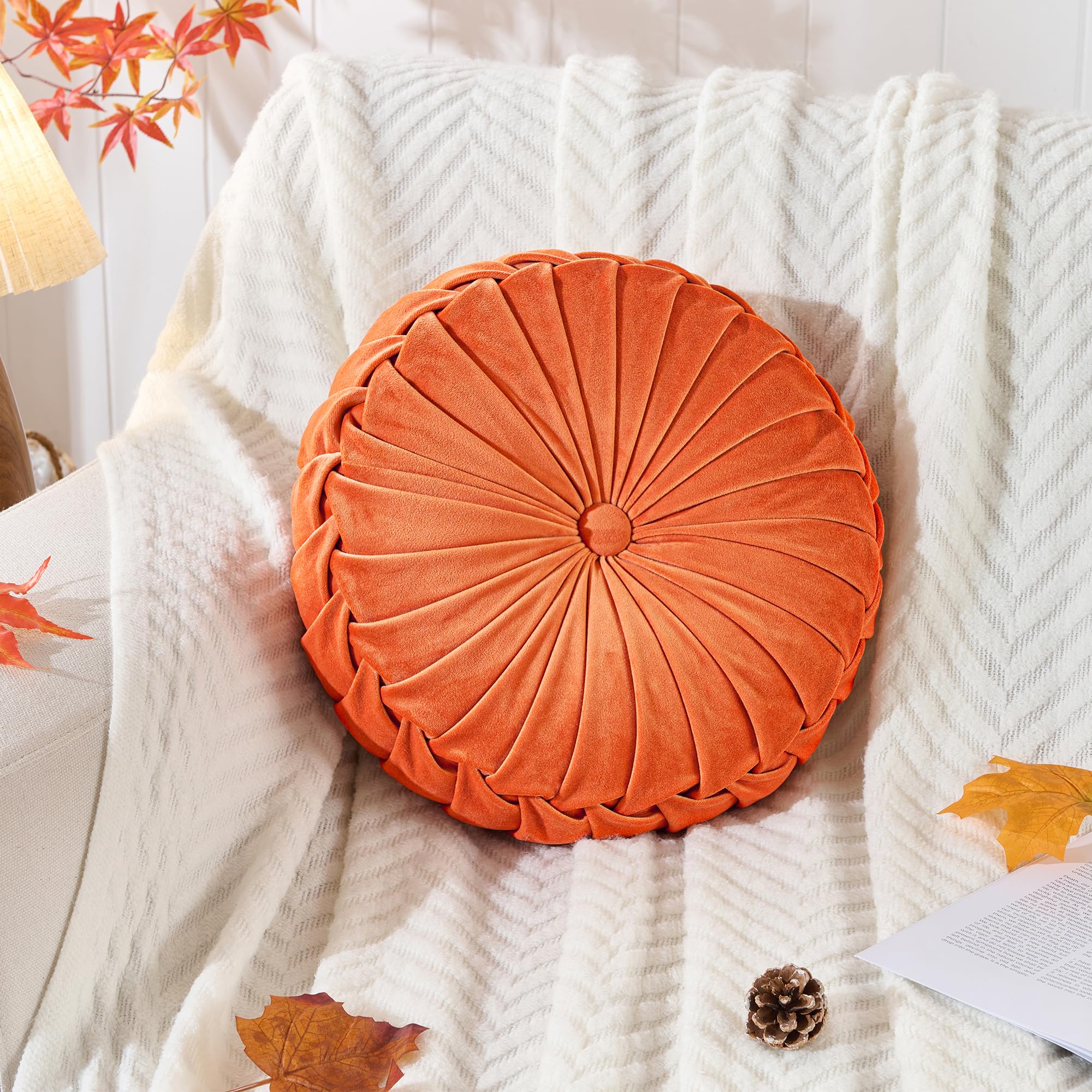 ROSE&RISY Round Pleated Velvet Throw Pillow, 1 Pack Decorative Accent Pumpkin Pillow Cushion for Couch Sofa Chair Bed Car Home Decor (14.5 Inch, Cream)
