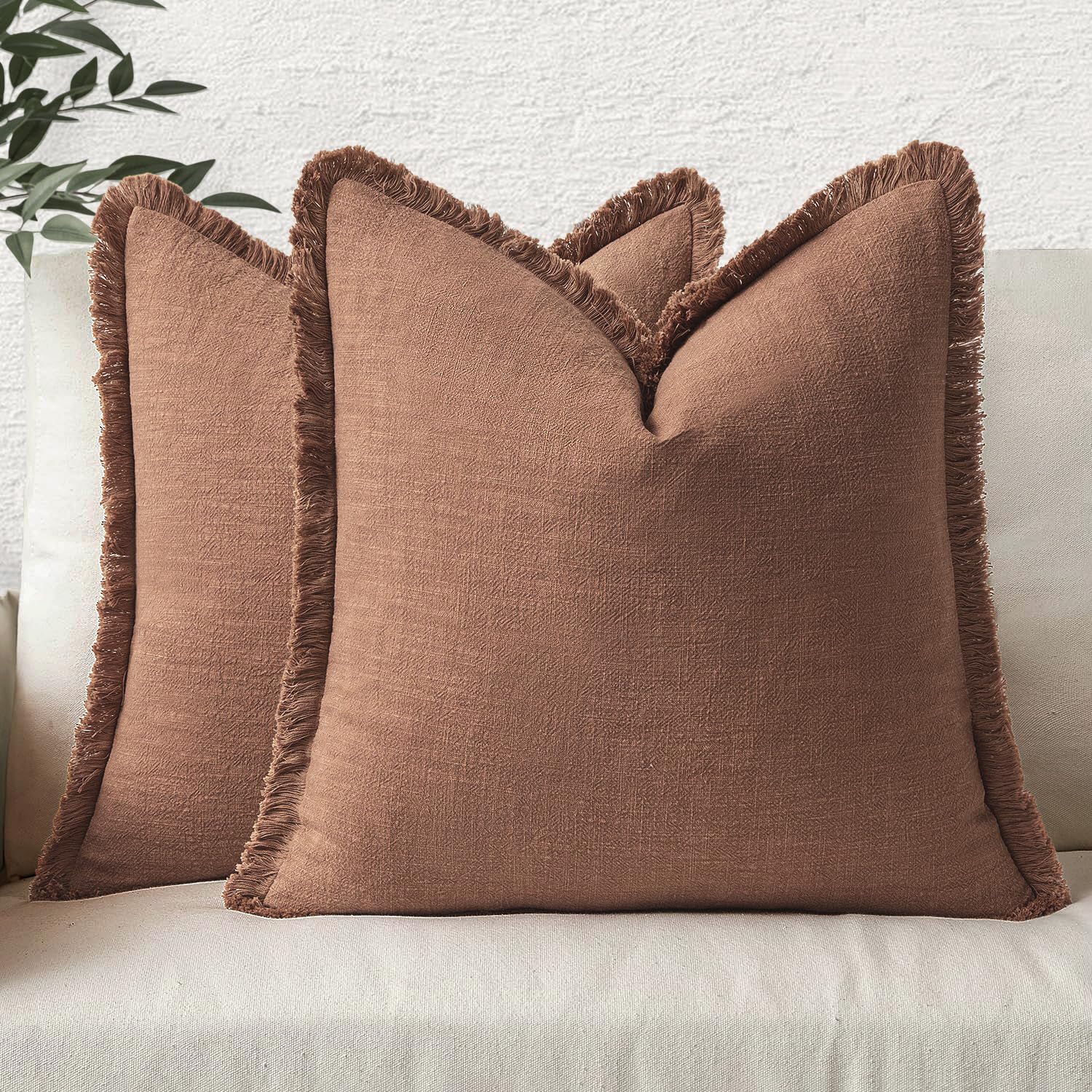 MIULEE Decorative Throw Pillow Covers Neutral Linen Fringe Throw Pillows Set of 2 Natural Beige Boho Farmhouse Cushion Covers with Tassels for Couch Sofa Bed Spring Home Decor 20x20 Inch