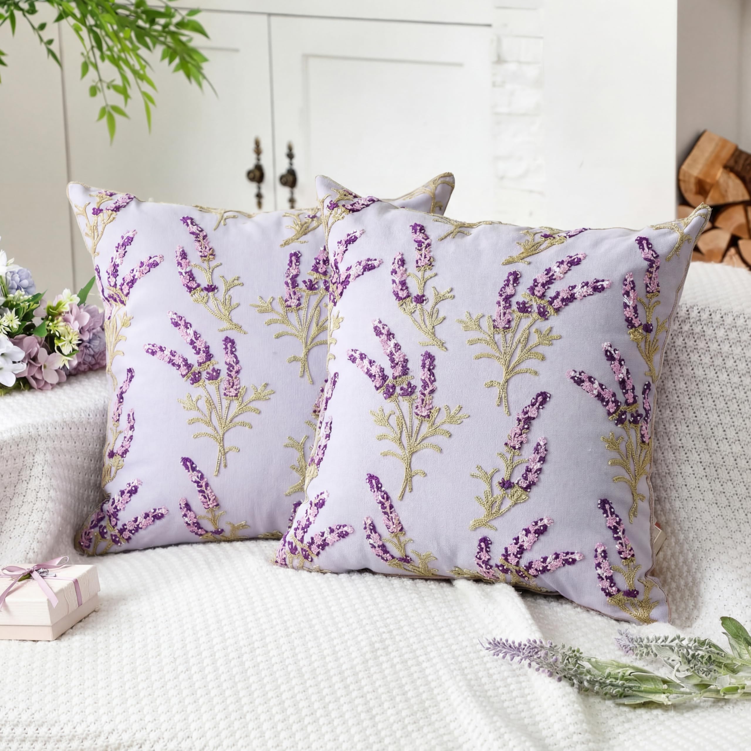 FuWeave 2 Pcs Boho Floral Embroidered Decorative Throw Pillow Covers with Zipper 18 x 18 Inch Colorful Boho Embroidered Pillow Covers Aesthetic Decor for Couch Sofa Housewarming Gifts