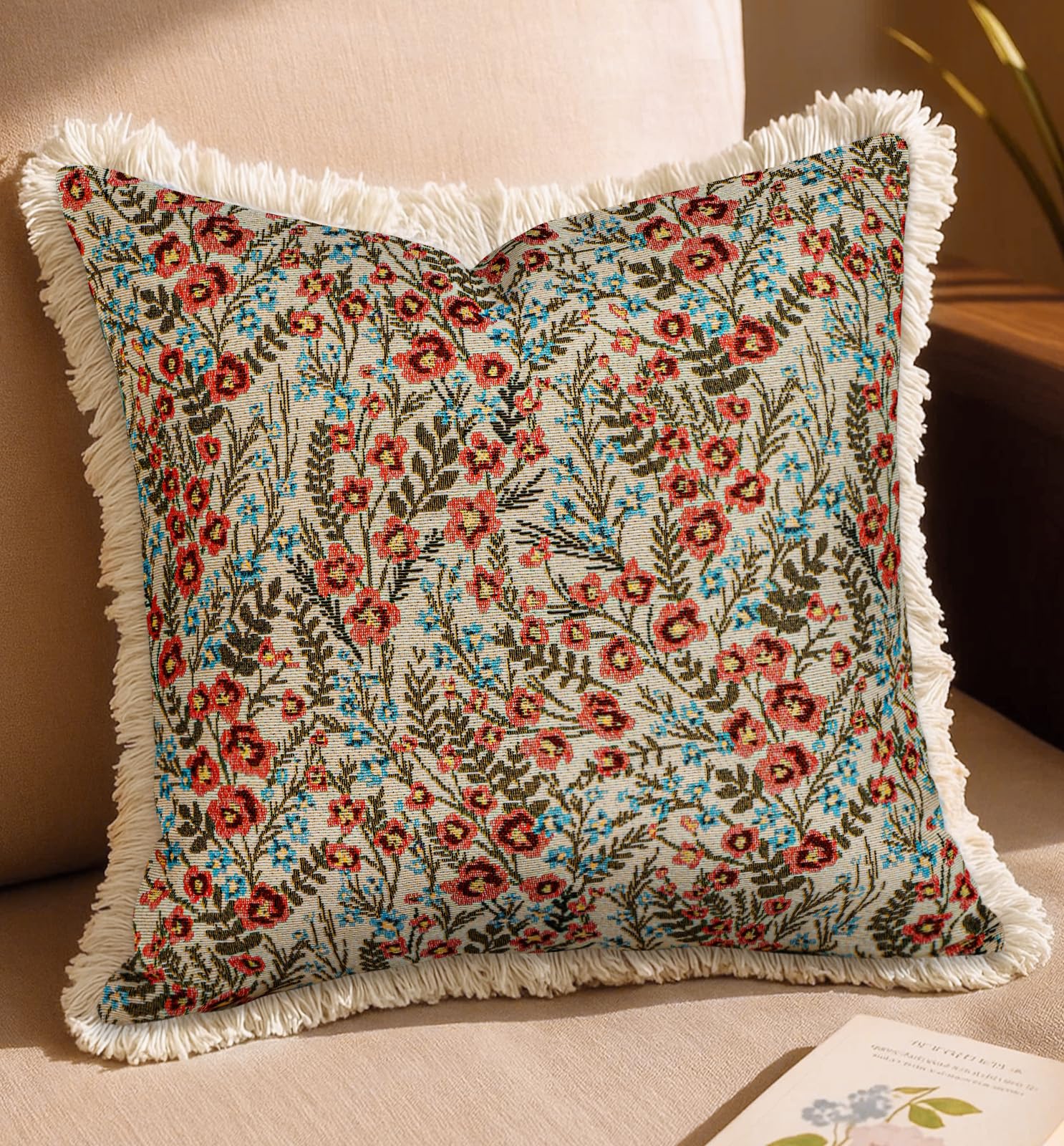 Decorative Throw Pillow Cover 18x18 - Vintage Pillowcovers with Fringe Bird Flower Cute Embroidered Pillow Case with Zipper for Living Room Couch Sofa Bed Rustic Boho Design Abstract