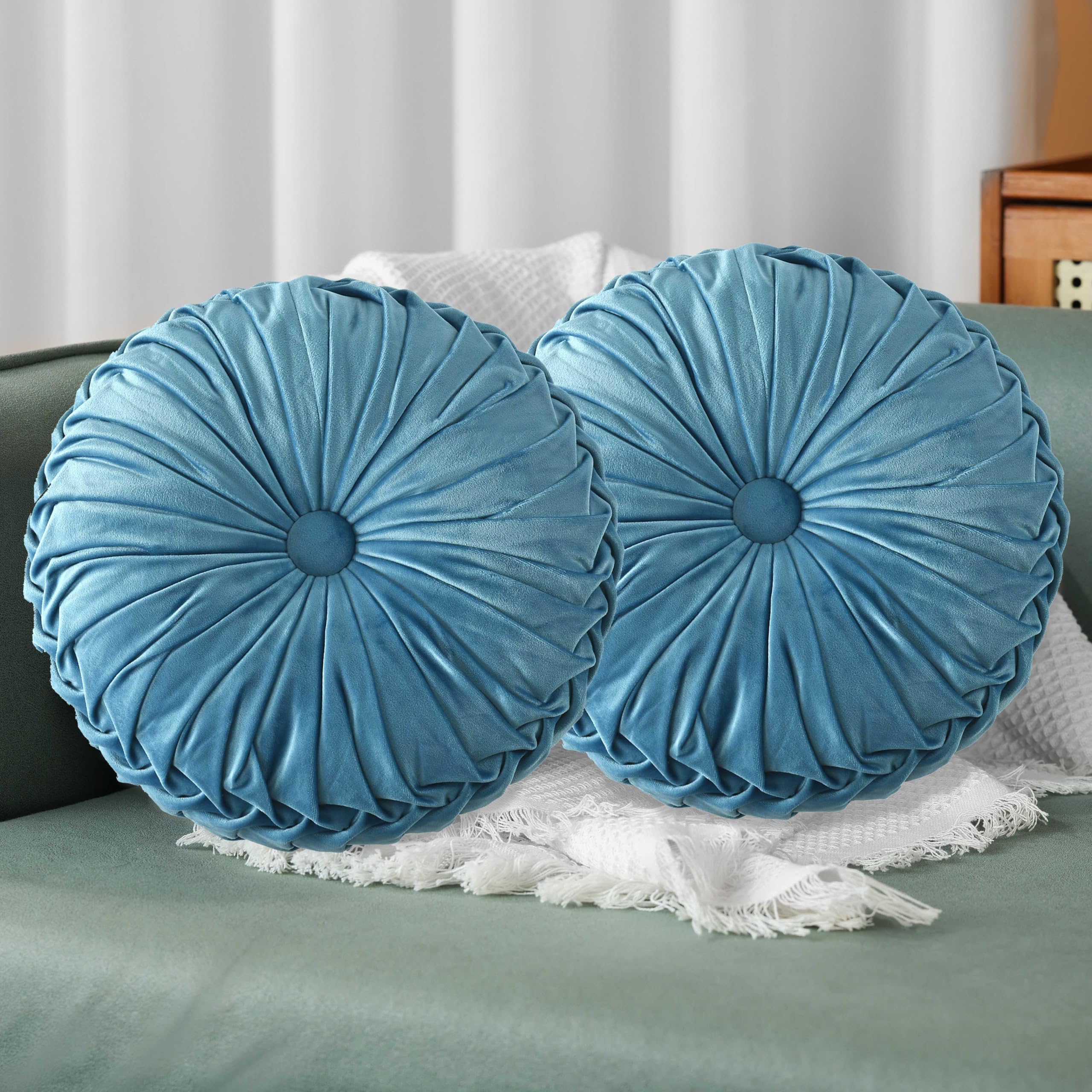 HIG Set of 2 Yellow Ruched Velvet Round Throw Pillows – 14.5’’ Decorative Pillows with Soft Polyester Filling for Couch, Bed, Living Room, Bedroom, or Dorm – Handmade, Stress Relieving, All-Season