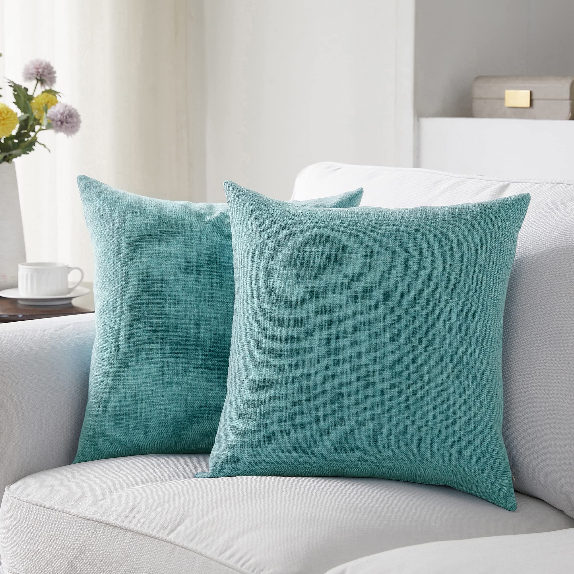 Meekio Set of 2 Ivory Throw Pillow Covers 22x22, Modern Farmhouse Linen Blend Decorative Pillow Covers for Couch Sofa Bed, Neutral Home Decor