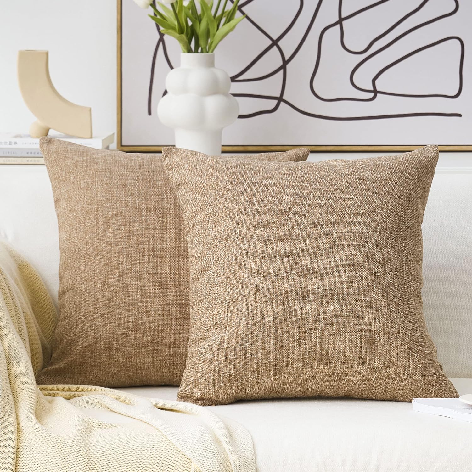 Home Brilliant Linen Pillow Covers 20x20 Textured Linen Pillow Case Cushion Covers for Sofa, 20 Inch, Set of 2, 50x50 cm, Natural Linen