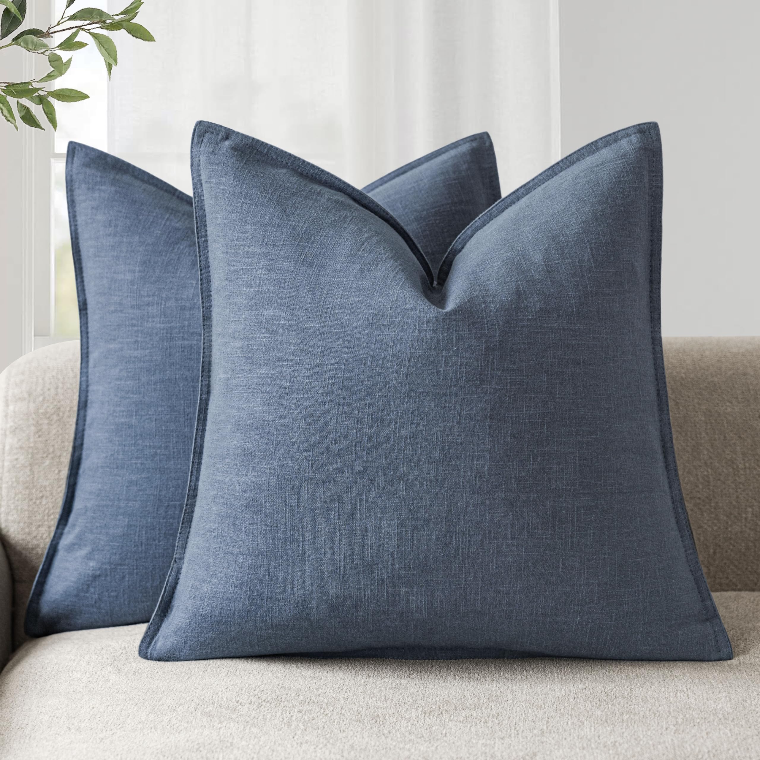 Foindtower Set of 2, Decorative Linen Soild Throw Pillow Covers Soft Accent Cushion Euro Case Boho Farmhouse Pillowcase for Chair Couch Sofa Bedroom Living Room Home Decor 20 x 20 Inch Natural Linen